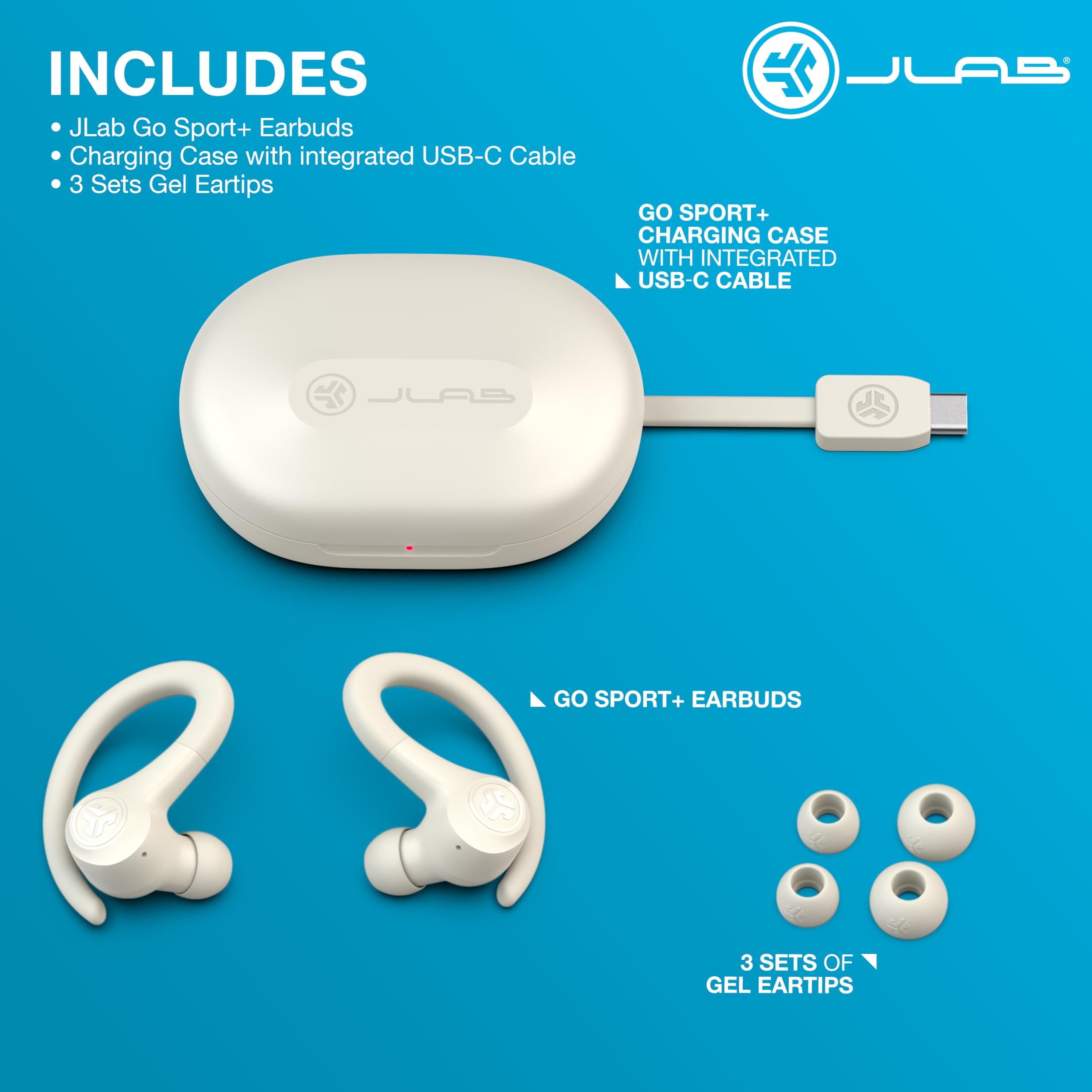 JLab Go Sport+ microphone detail illustrating C3 clear calling for better voice pickup
