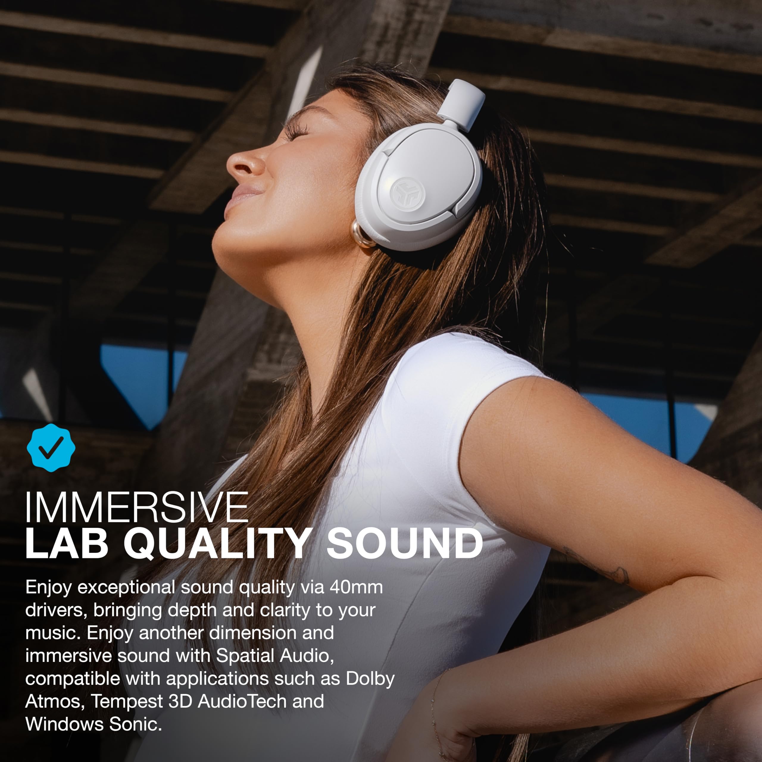 JLab JBuds Lux ANC close-up of cloud foam earcup and headband for all-day comfort