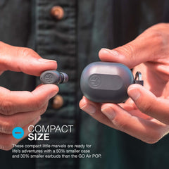 JLab JBuds Mini charging case open revealing earbuds and extra charges on the go