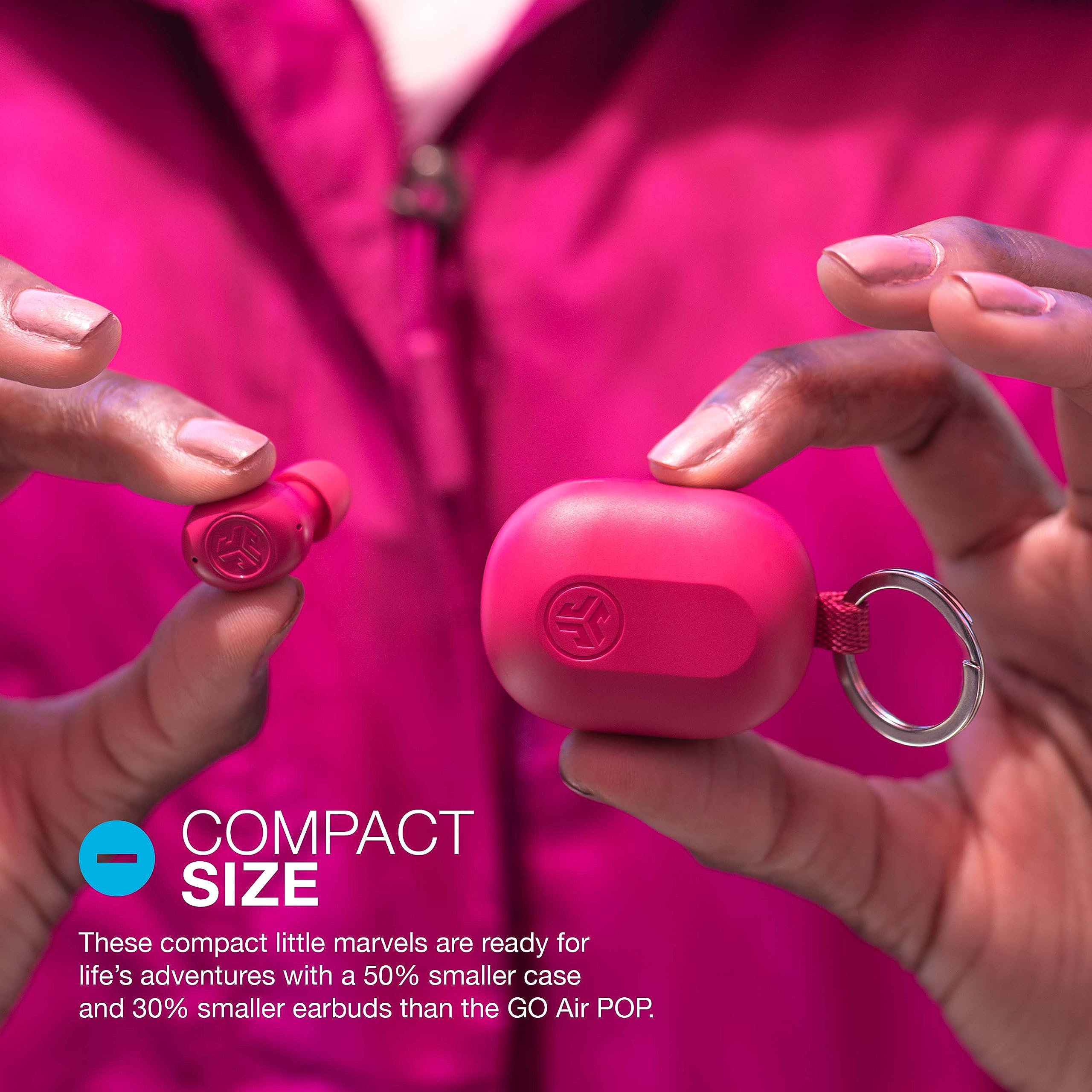 JLab JBuds Mini charging case open displaying earbuds and extended battery benefit