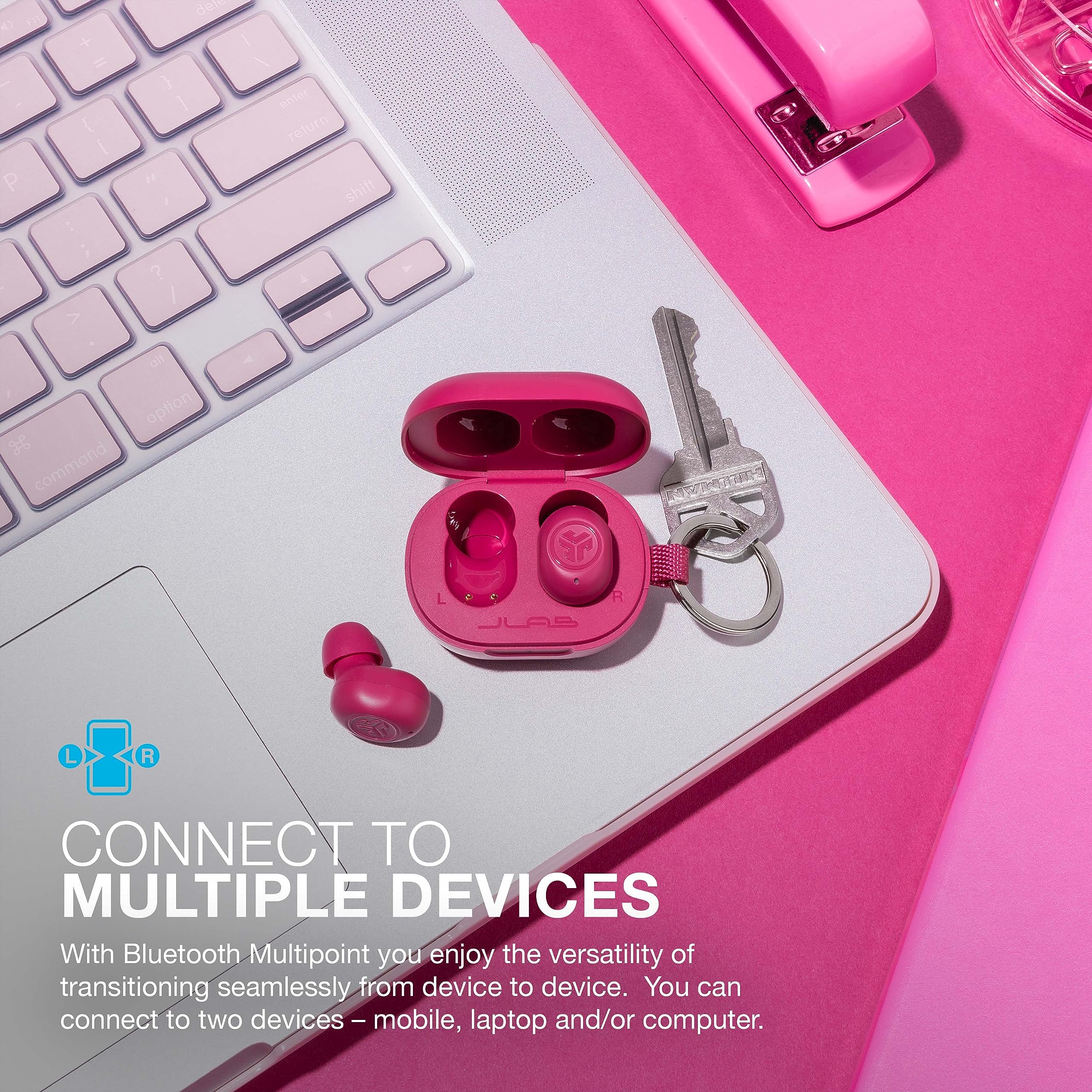JLab JBuds Mini earbud close-up highlighting smooth finish and secure fit benefit