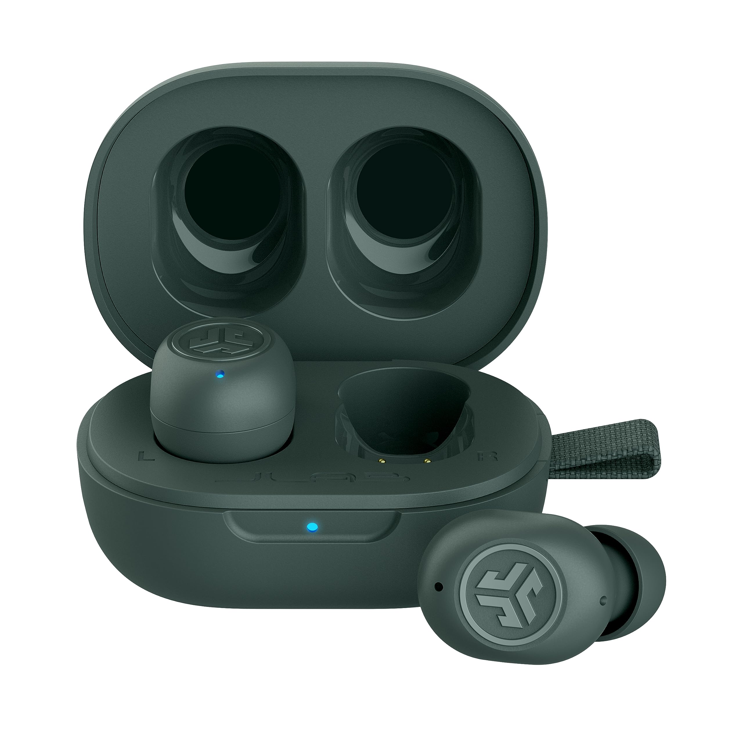 JLab JBuds Mini front view in sage showing compact earbuds and case for portability