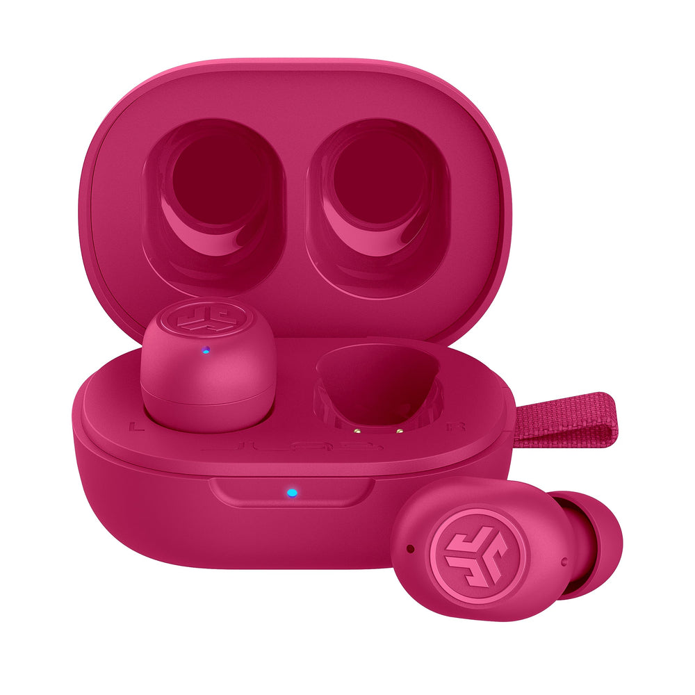 JLab JBuds Mini front view showing compact case and earbuds benefit portability