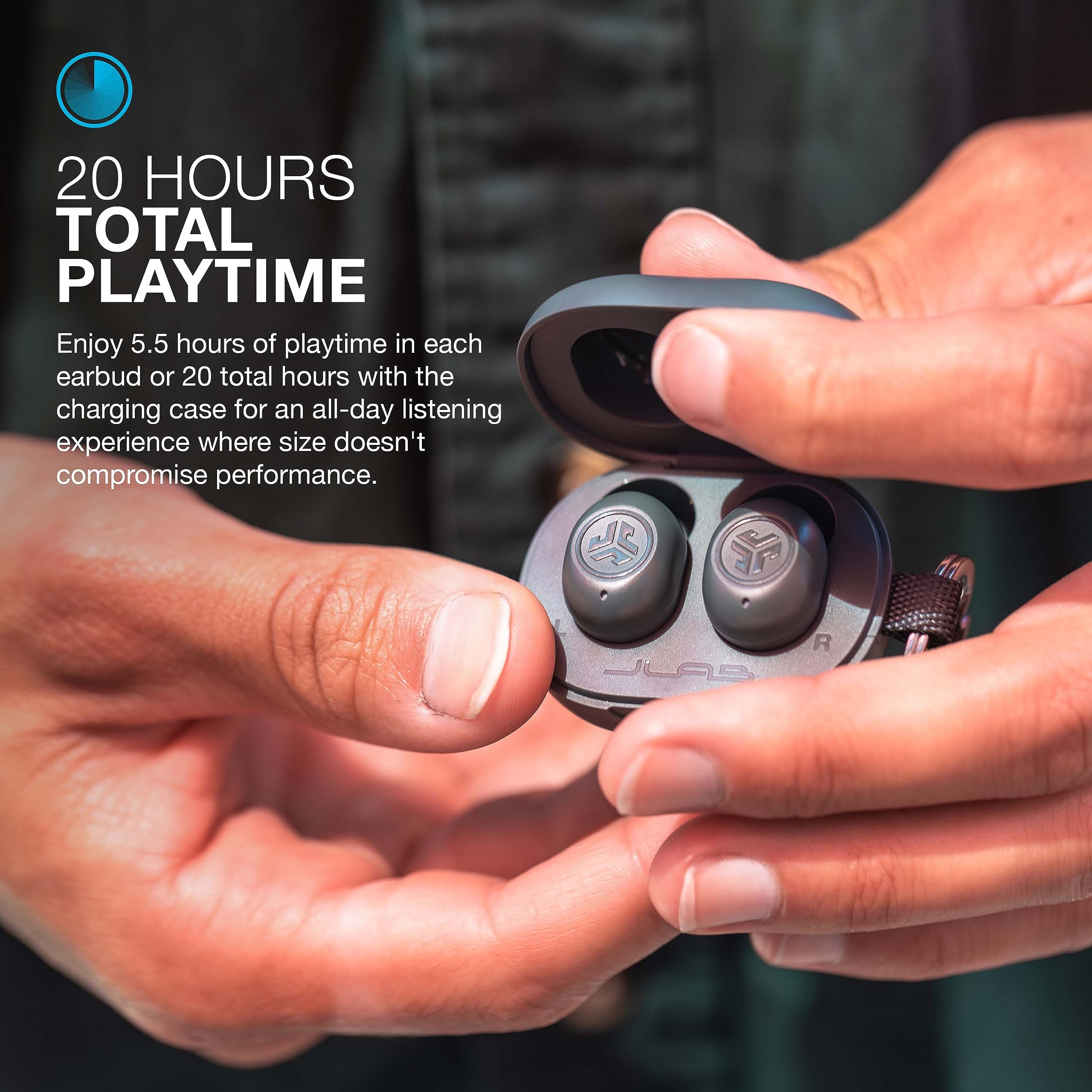 JLab JBuds Mini in-ear during commute showing Be Aware Audio for ambient safety