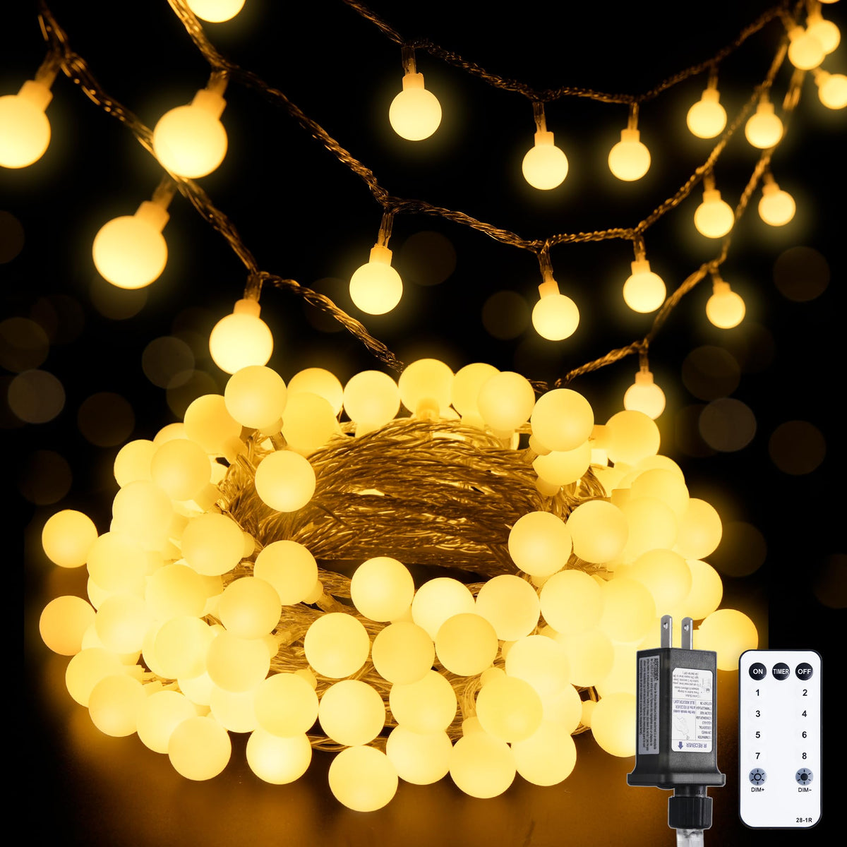 JMEXSUSS front packaging showing 100 LED globe lights and features