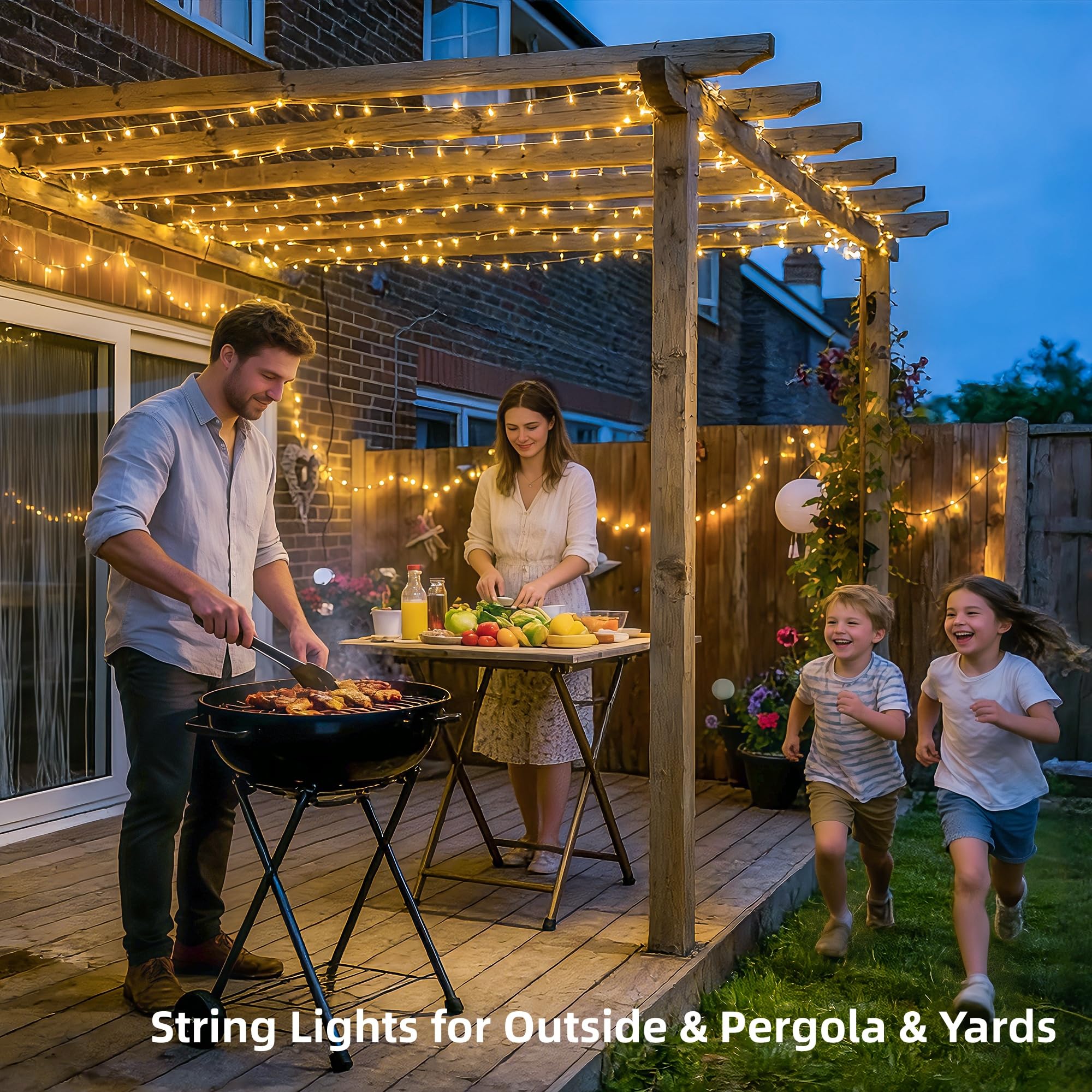 JMEXSUSS lights strung across a patio creating cozy nighttime ambiance