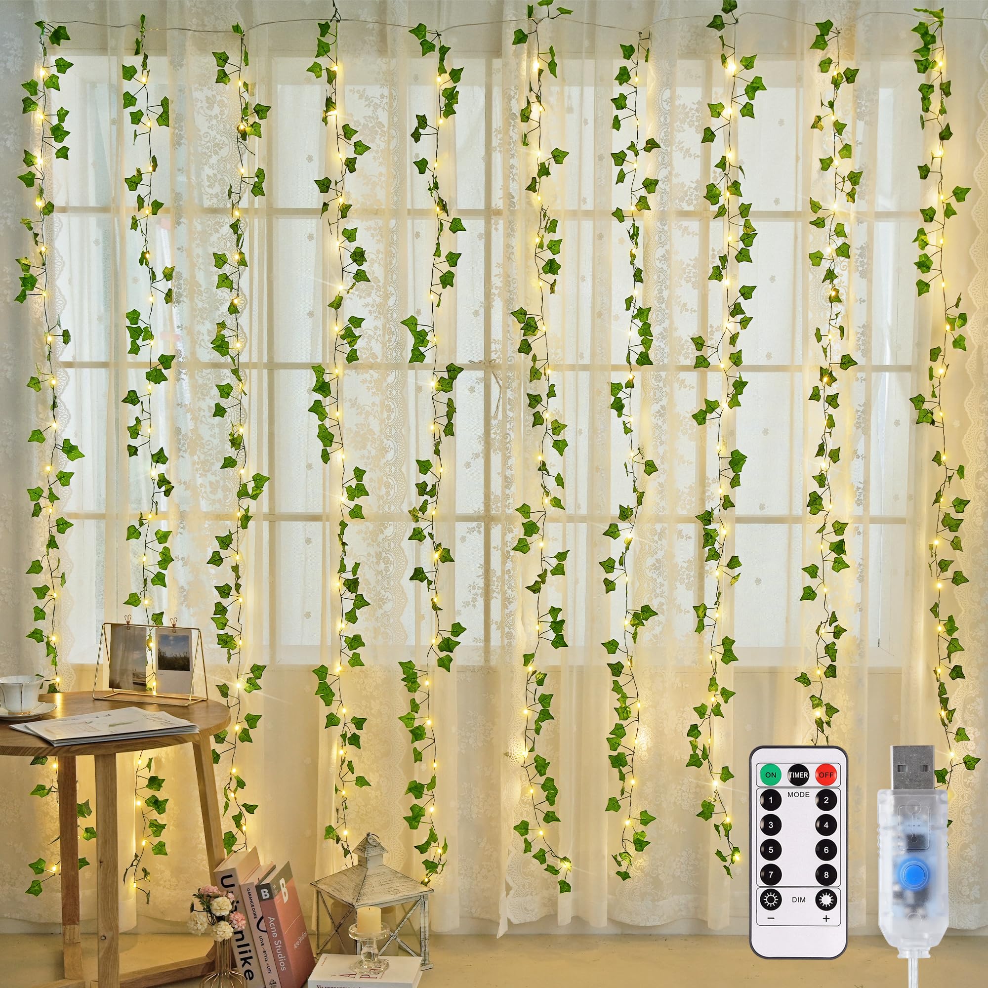 JMEXSUSS front view of vine curtain lights creating warm room ambiance