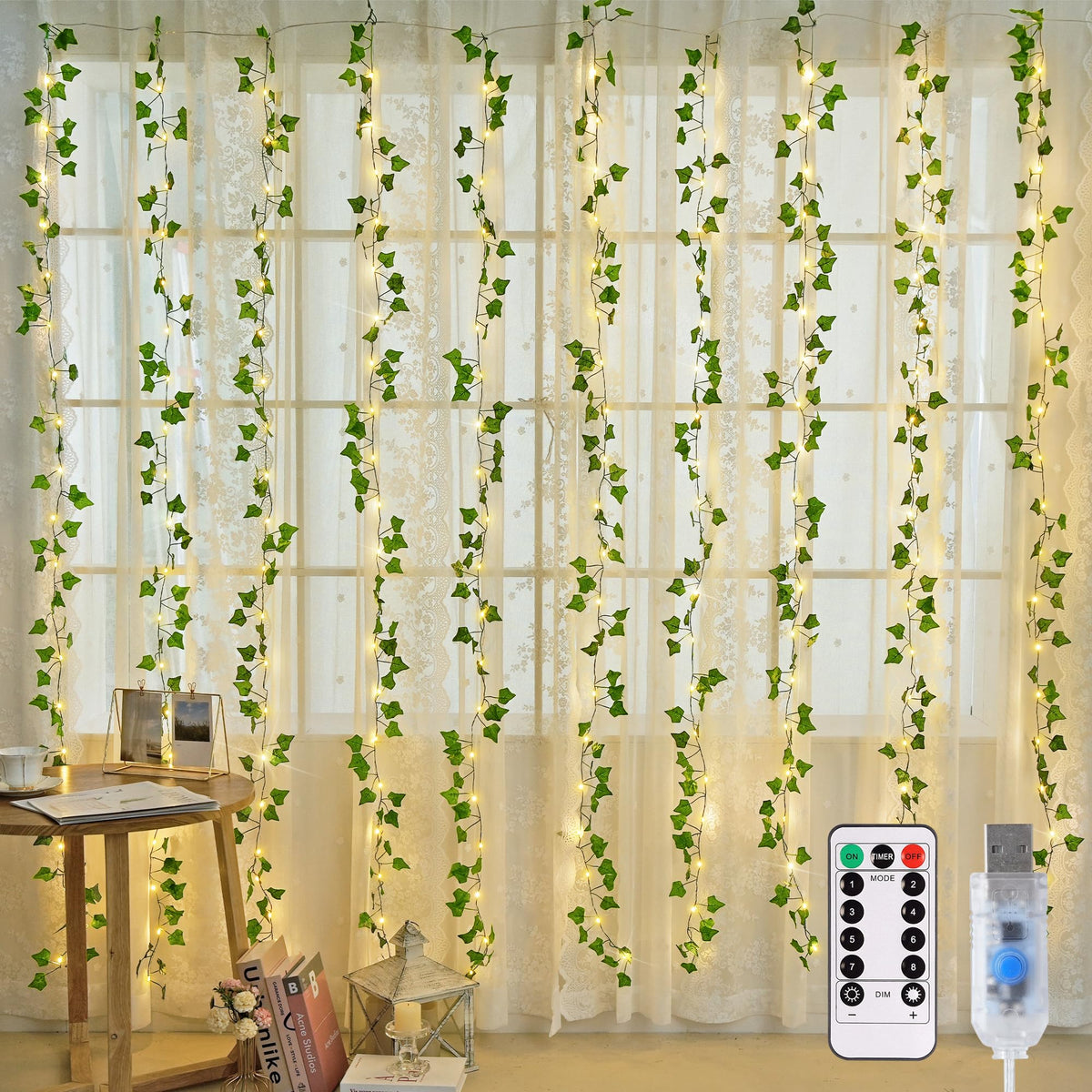 JMEXSUSS front view of vine curtain lights creating warm room ambiance