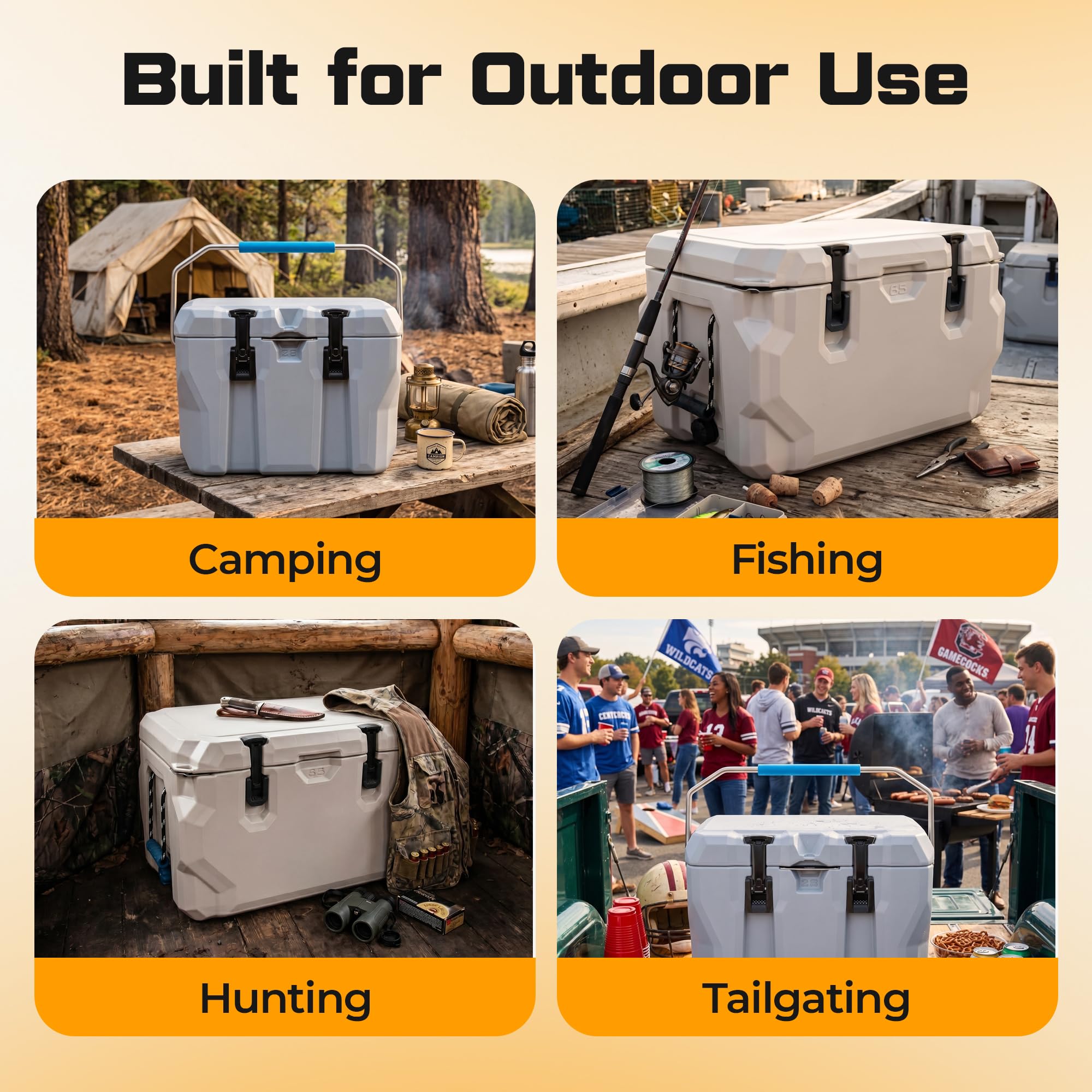 Jmoe USA lifestyle cooler with latch during camping trip showing dependable transport benefit