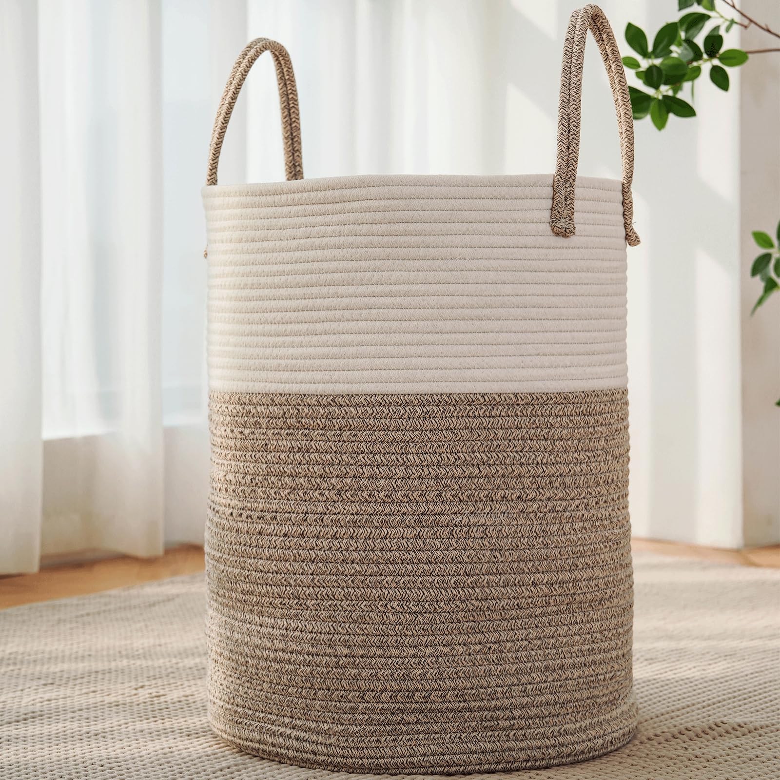 JMvicyroam front view brown hamper showing freestanding stability and storage capacity