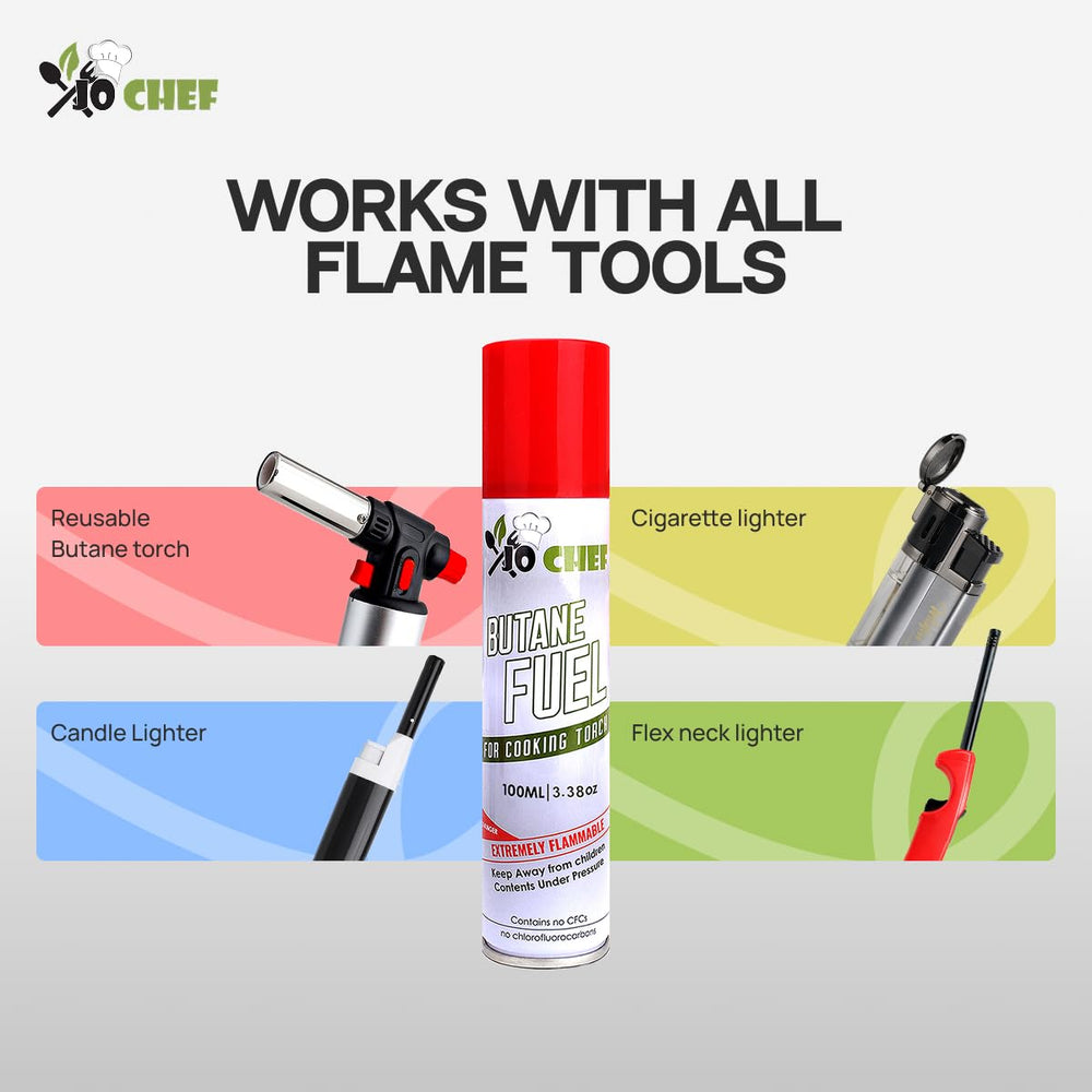 Jo Chef cartridge side label highlighting safety valve and high-grade butane benefit