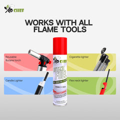 Jo Chef cartridge side label highlighting safety valve and high-grade butane benefit