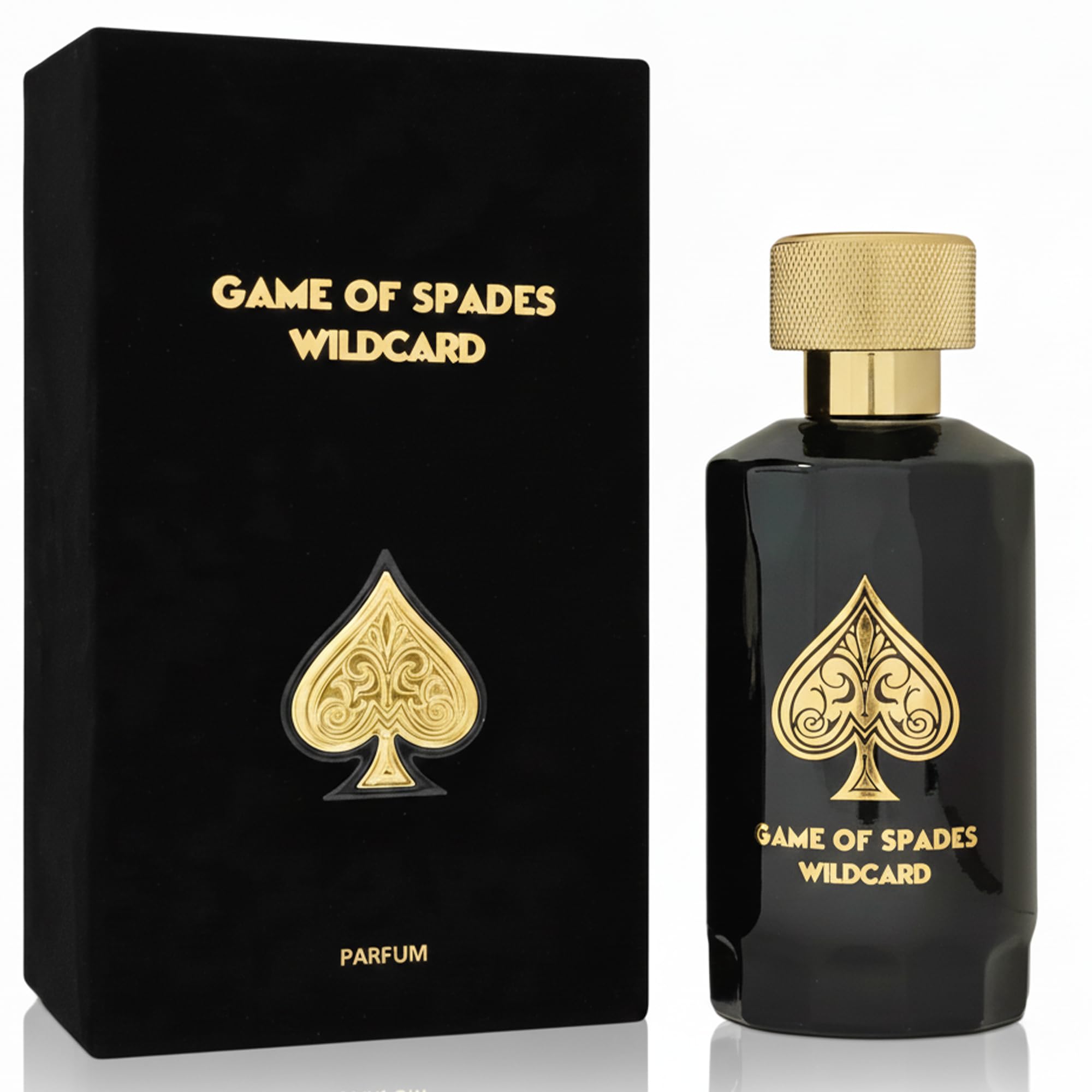 Jo Milano bottle front view showing bold Game of Spades design and luxury appeal