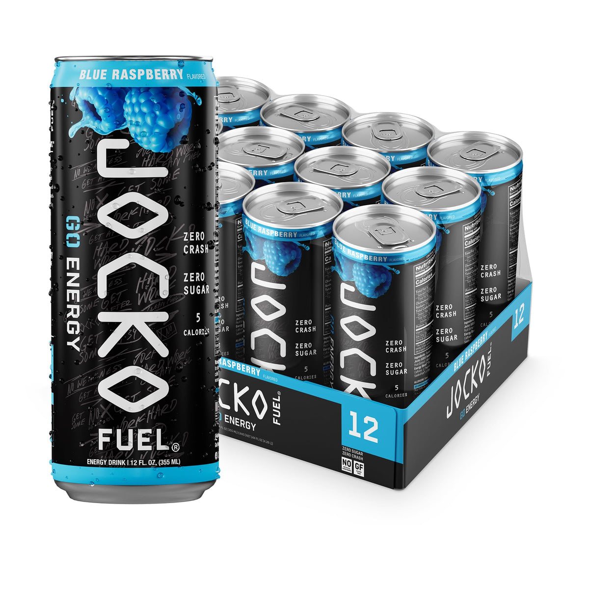 Jocko Fuel front can showing blue raspberry flavor and bold branding, energizes focus