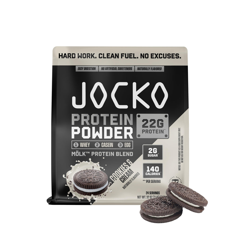 Jocko Fuel front packaging showing cookies and cream flavor and serving count benefits