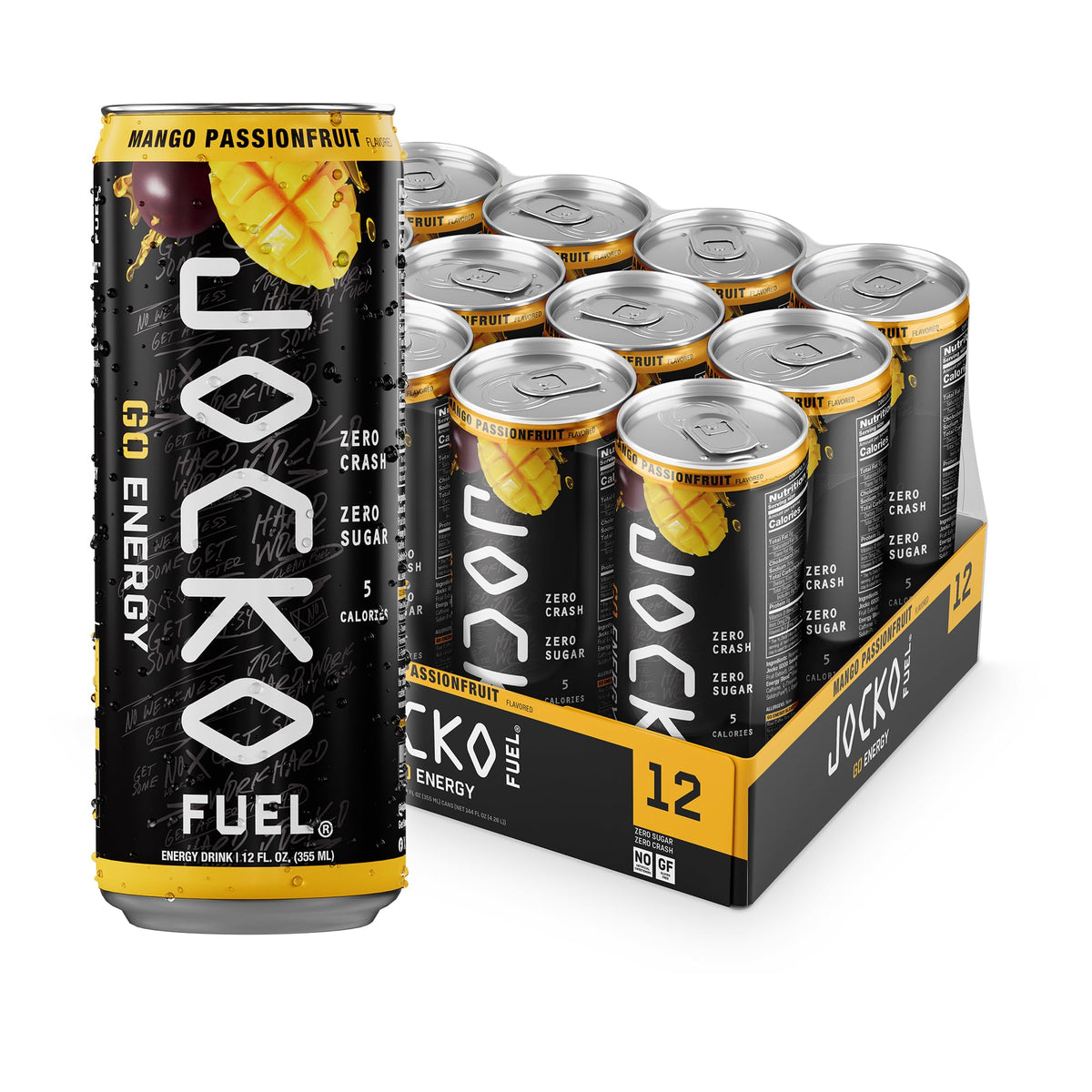 Jocko GO front packaging showing 12-pack mango passionfruit, clear branding and benefit