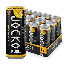 Jocko GO front packaging showing 12-pack mango passionfruit, clear branding and benefit