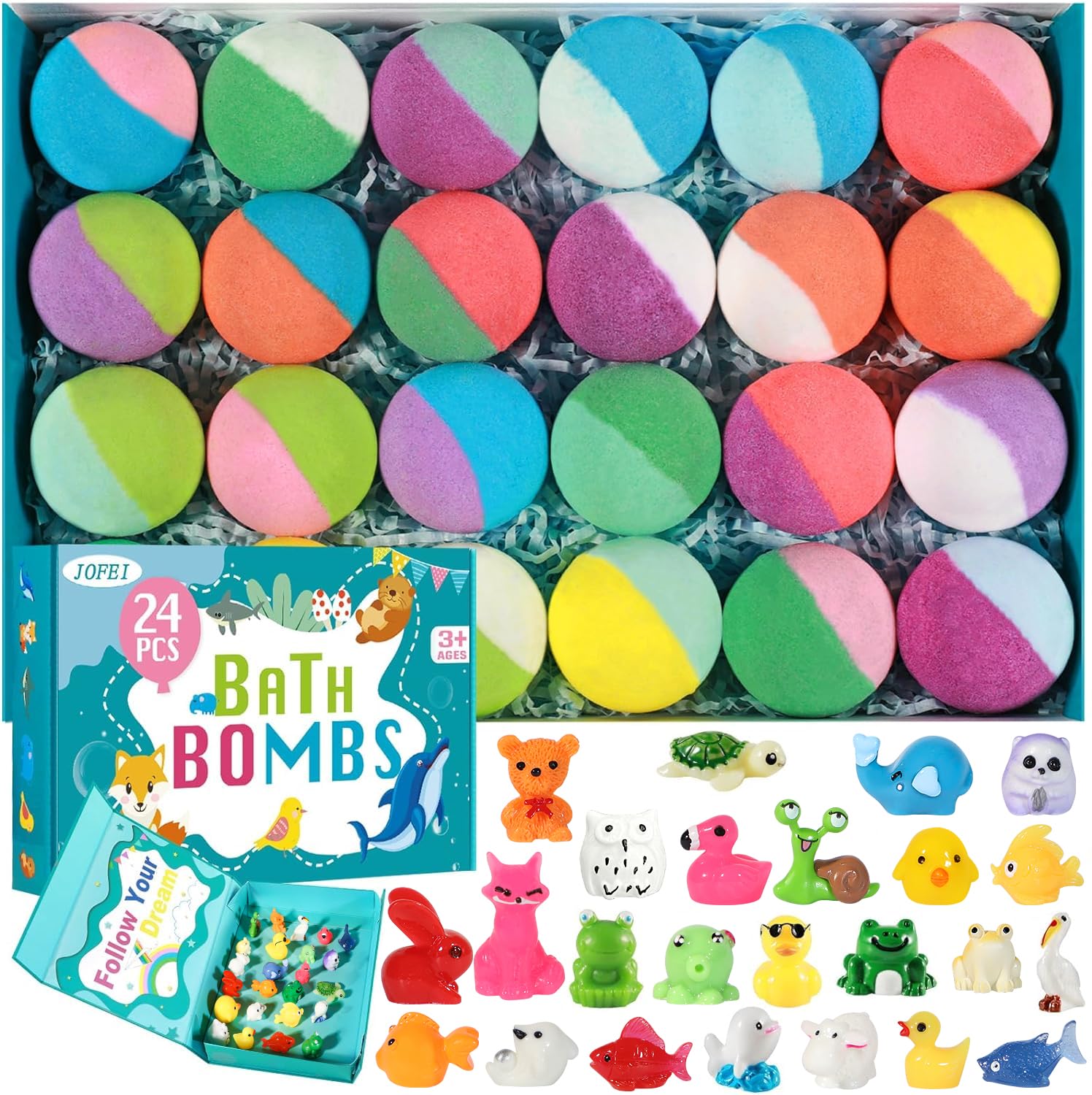 JOFEI front gift box showing colorful bath bombs and animal toys, attractive gifting benefit