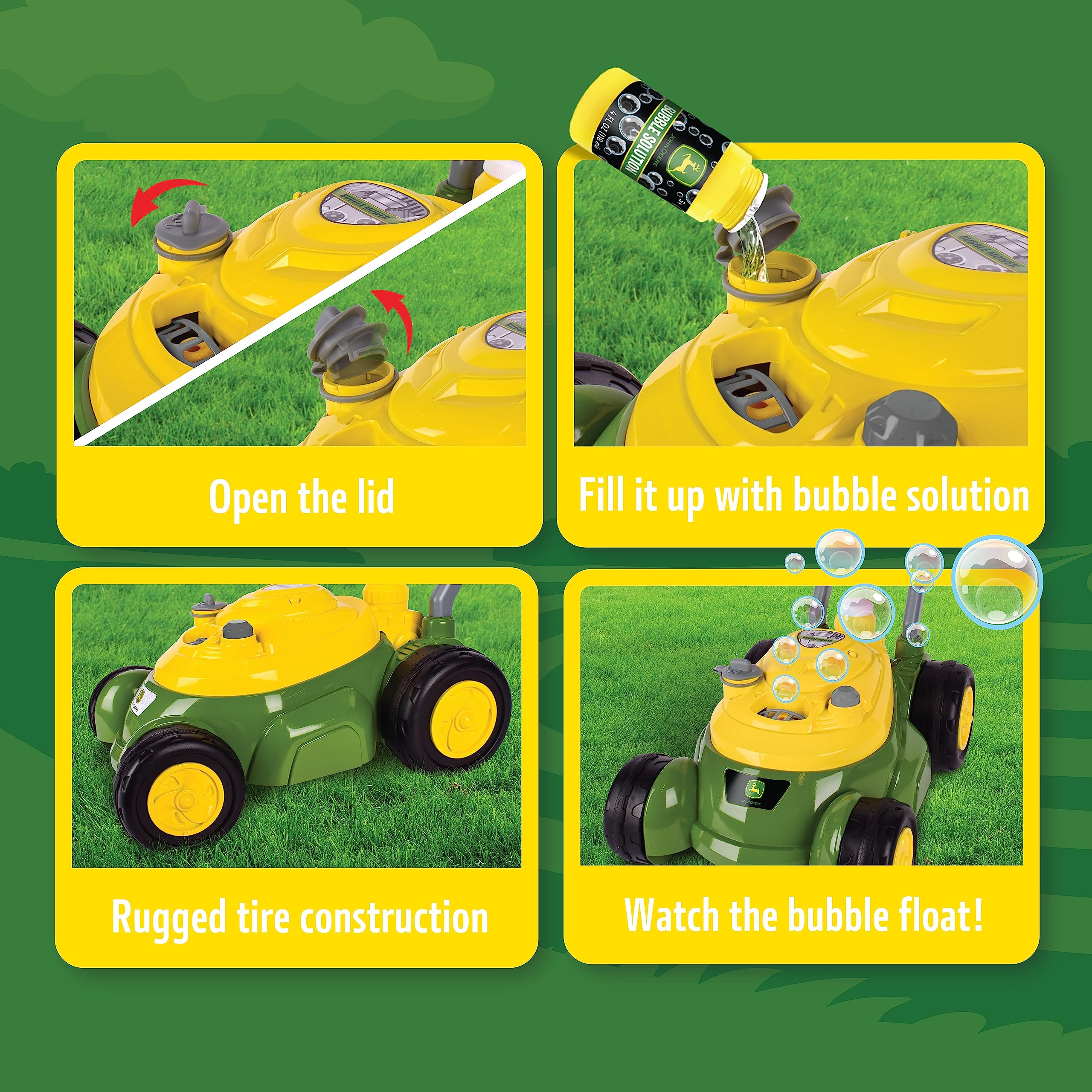 John Deere Bubble-N-Go bottle holder with 4-ounce solution for ready-to-play convenience