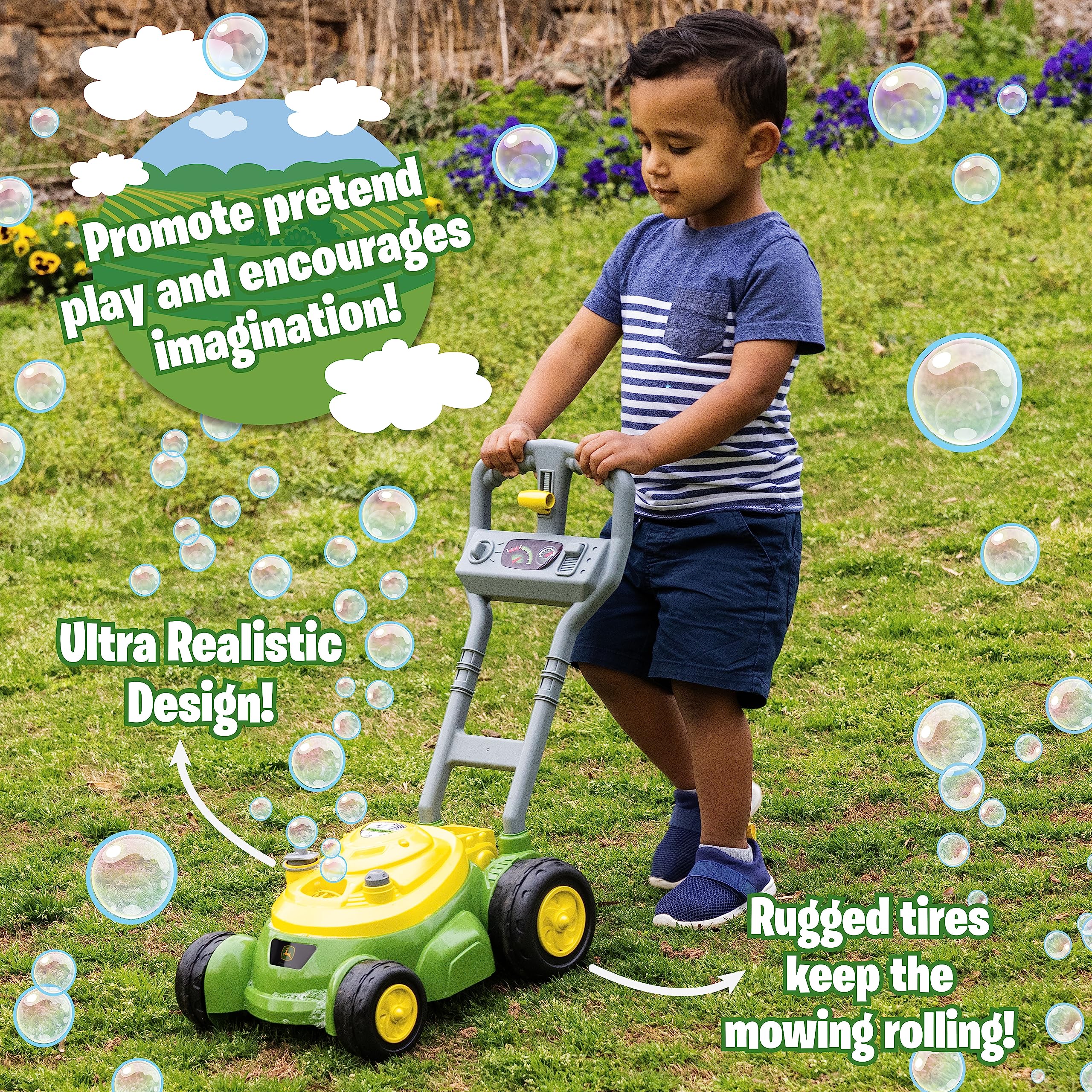 John Deere Bubble-N-Go close-up of push mechanism and pretend sounds for engagement