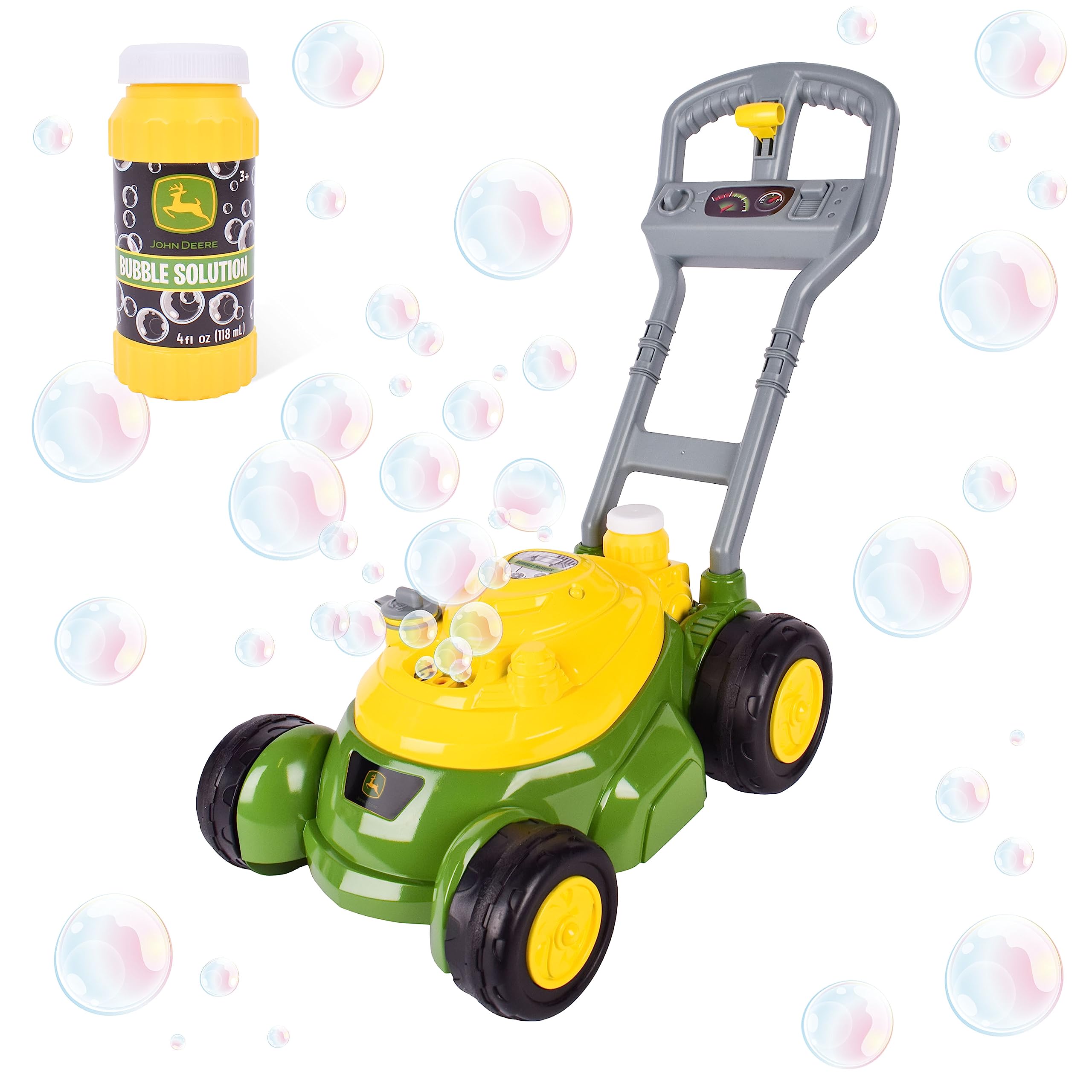 John Deere Bubble-N-Go front view showing toy design and immediate play benefit