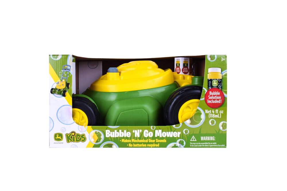 John Deere Bubble-N-Go next to toddler demonstrating size and easy pushability