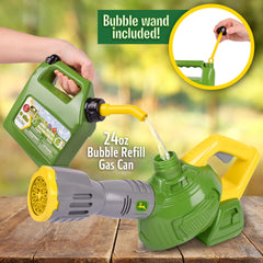 John Deere blower producing continuous bubble stream outdoors benefit: encourages active play
