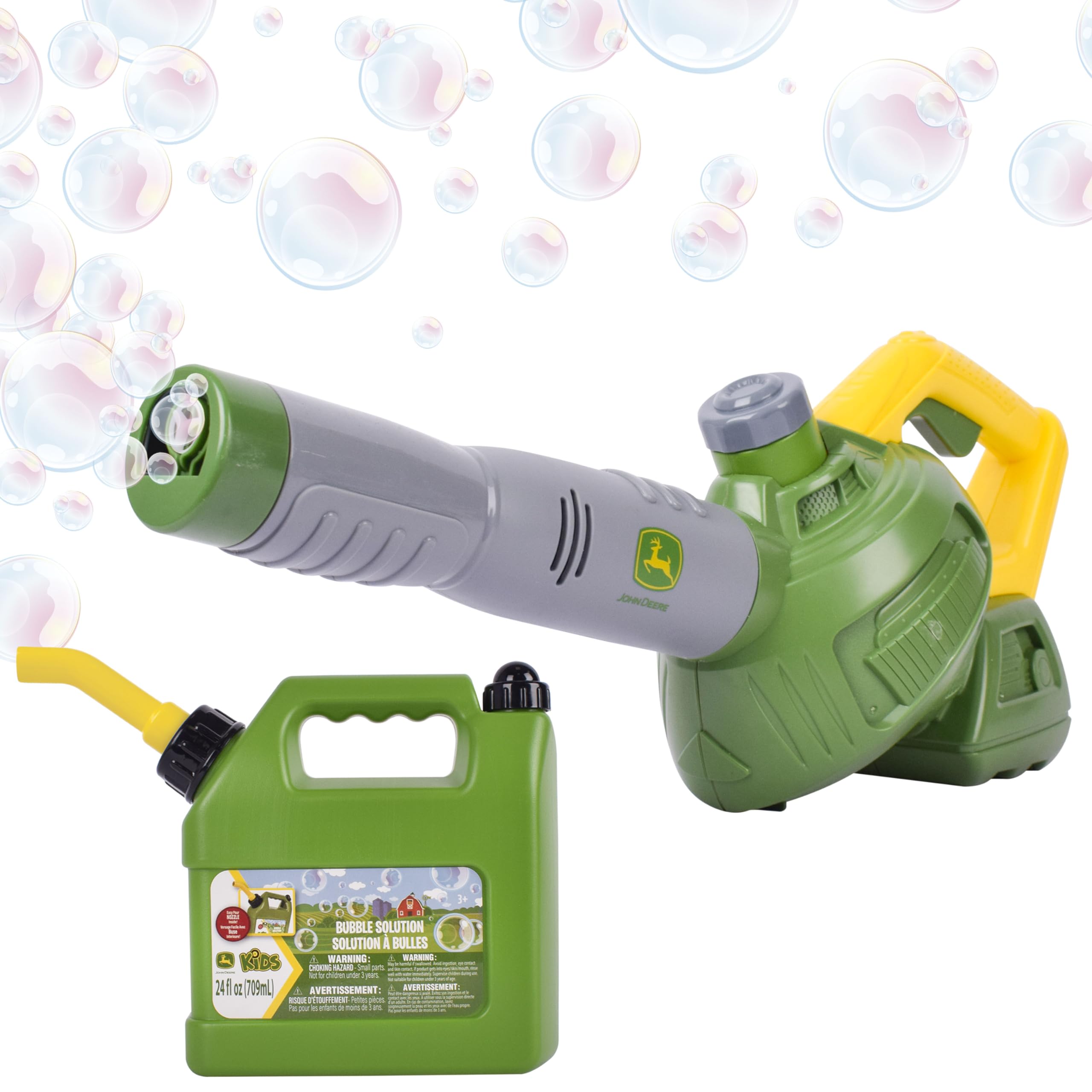 John Deere leaf blower front view showing bright green finish and ergonomic handle benefit: recognizable design