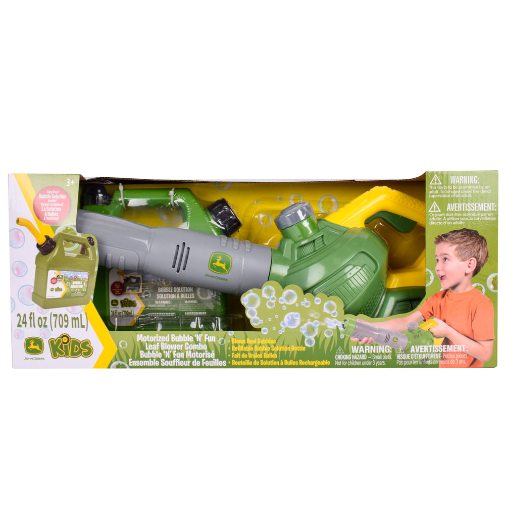 John Deere blower being used in backyard with children smiling benefit: promotes outdoor imagination