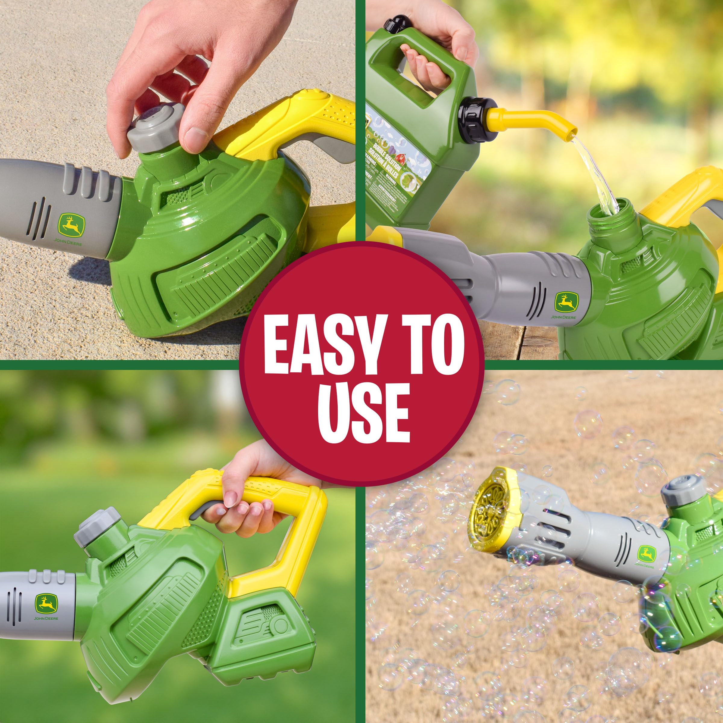 John Deere unit with 24 oz refill attached showing secure screw-on canister benefit: less mess
