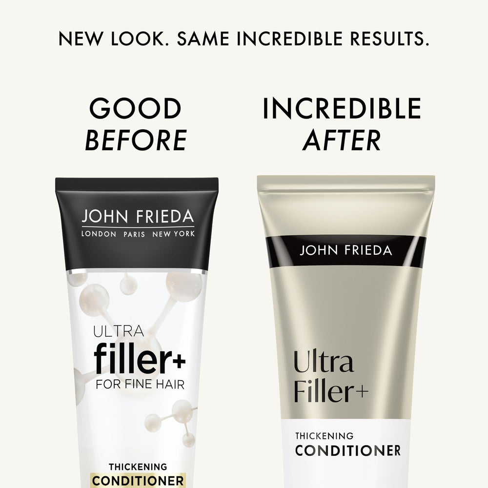 Close-up of John Frieda ULTRAfiller bottle label highlighting biotin and hyaluronic acid