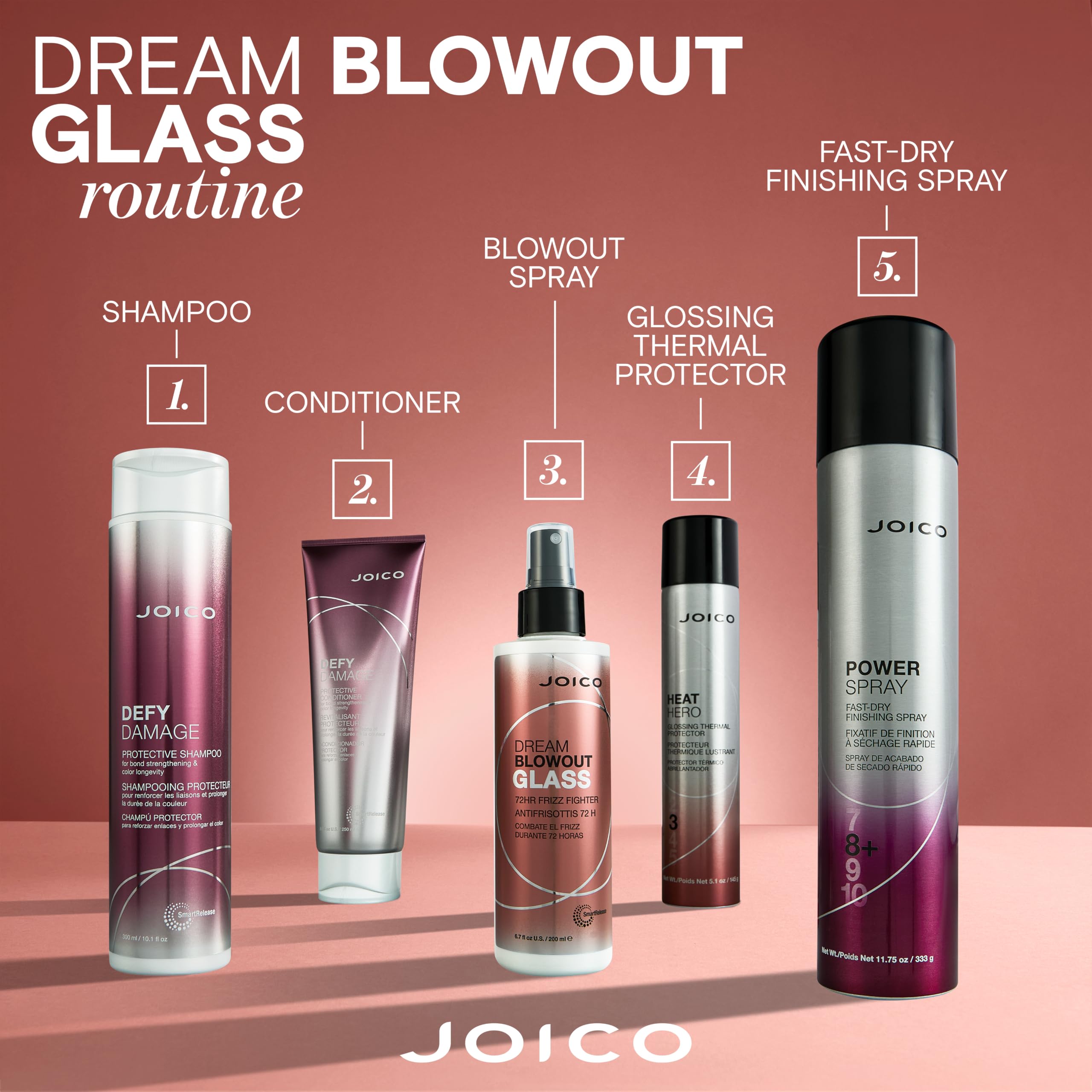 Joico bottle on vanity with towel and brush showing salon-style routine at home