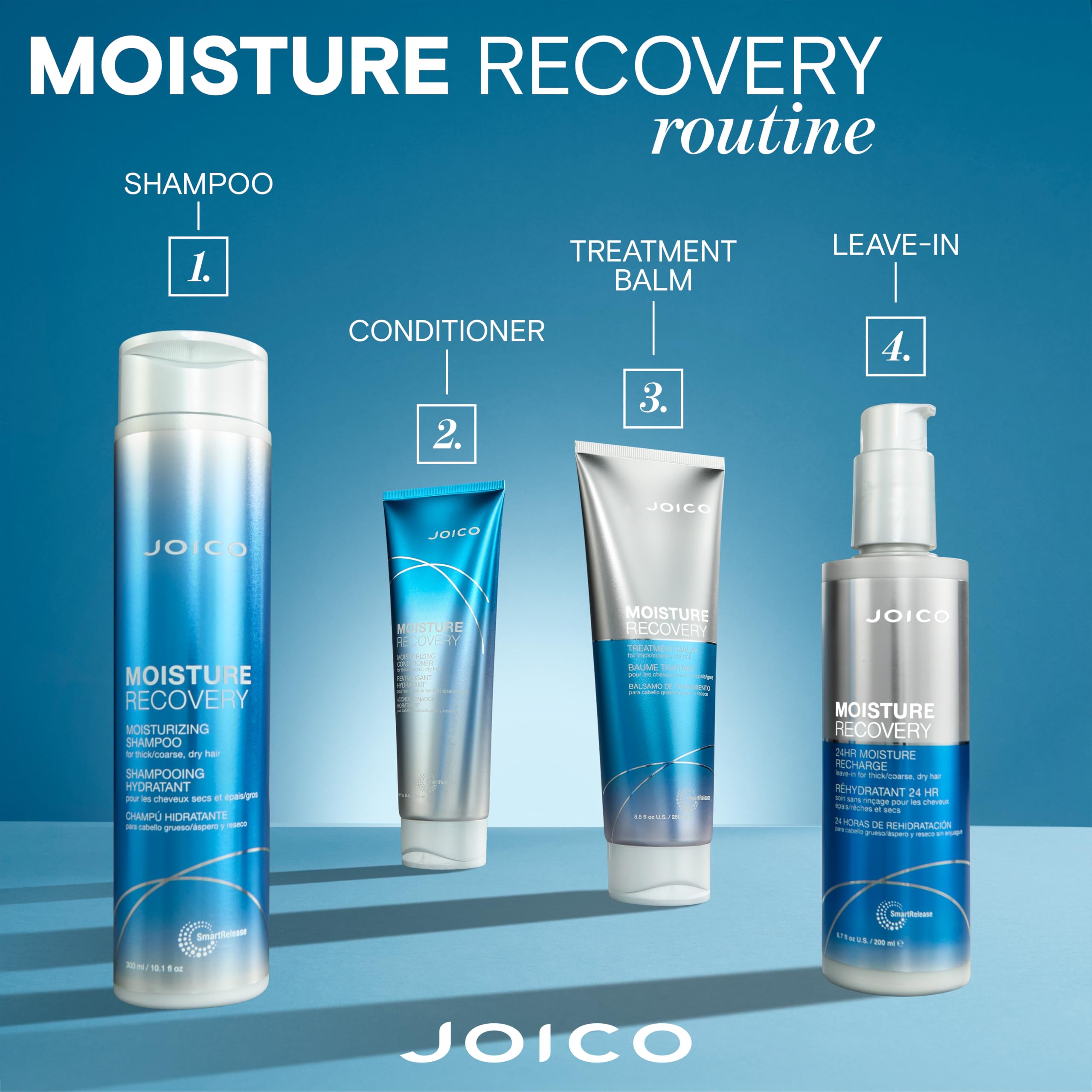 Joico ingredient label close-up listing sea kelp, jojoba oil, keratin benefits