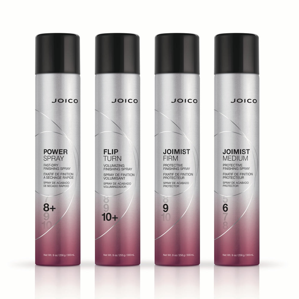 Joico JoiMist Firm close-up on hair showing controlled hold and reduced frizz benefit