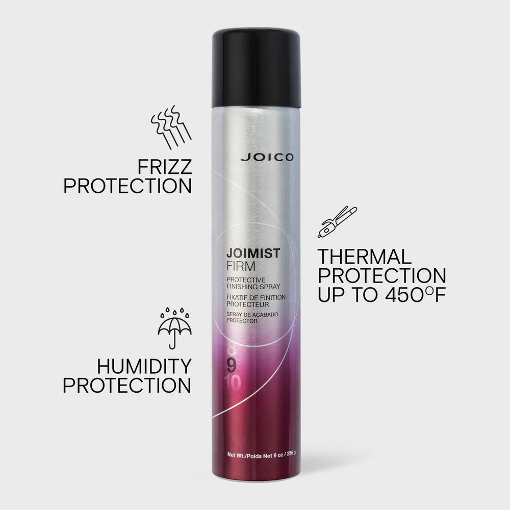 Joico JoiMist Firm sprayed onto a salon blowout demonstrating humidity resistance benefit