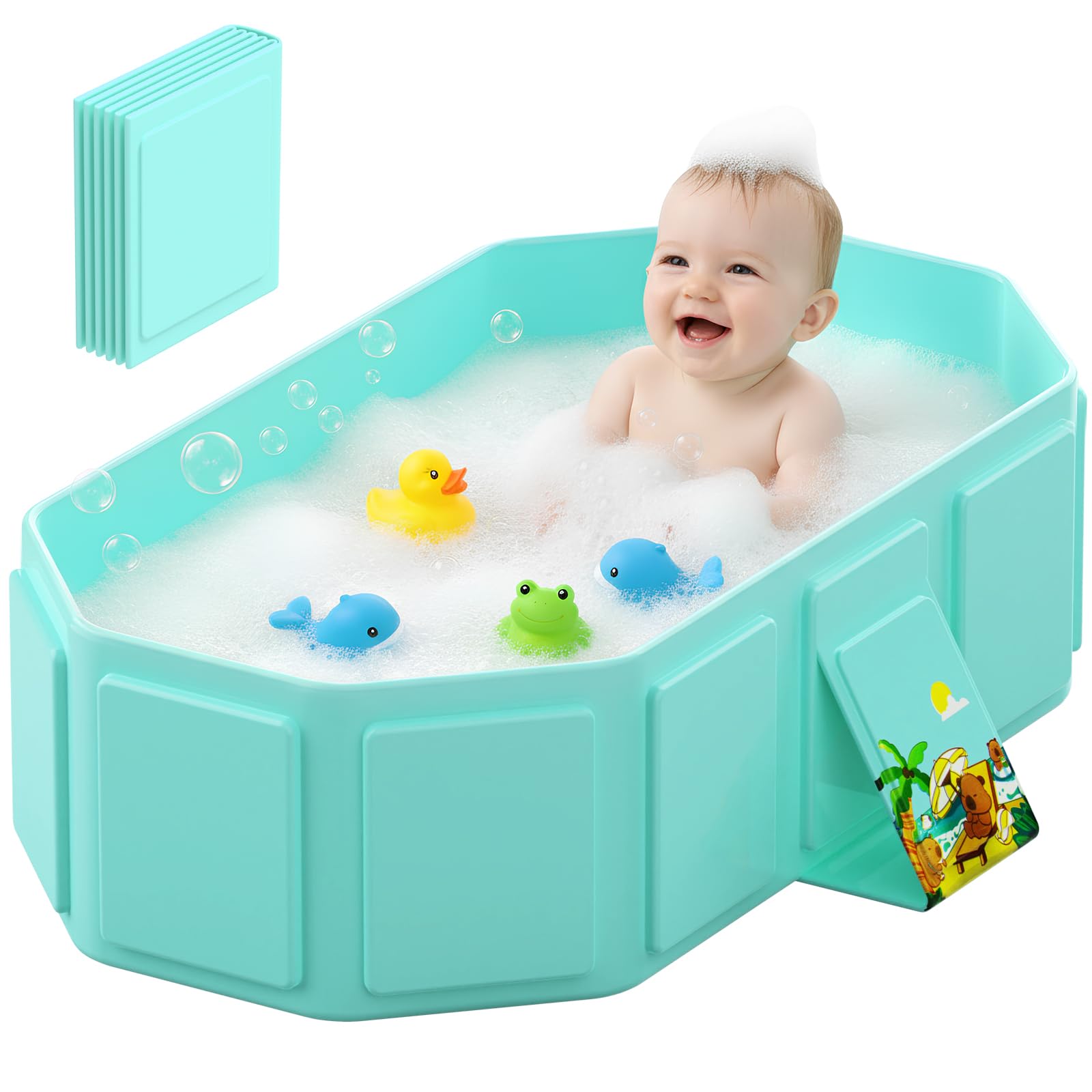 Jollcma front view of green collapsible baby bathtub showing spacious interior and stability benefit