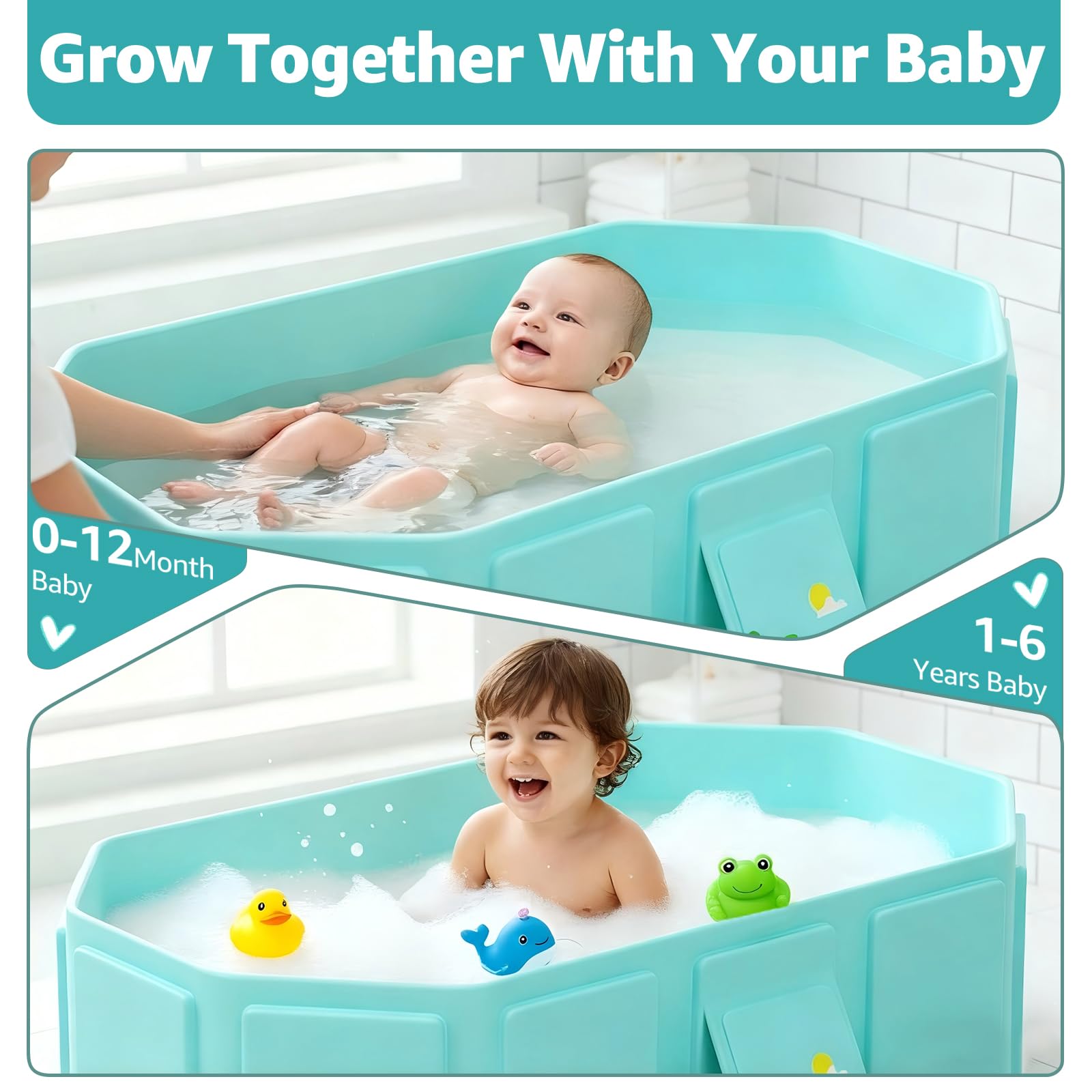 Jollcma bathtub next to a toy for scale showing true size and suitable age-range benefit