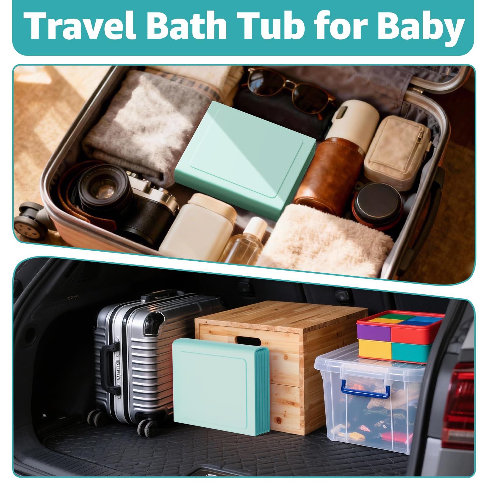Jollcma folded tub packed in car trunk illustrating portability for travel and trips benefit