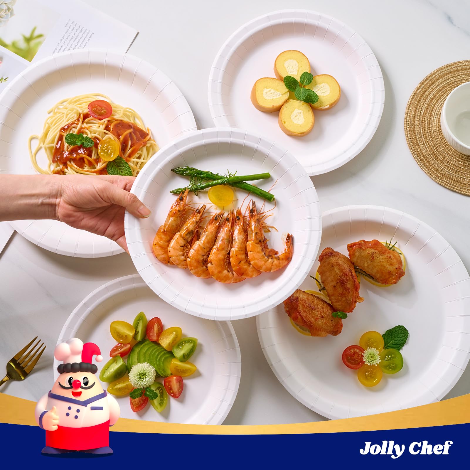 JOLLY CHEF plate with hearty meal showing soak and cut resistance