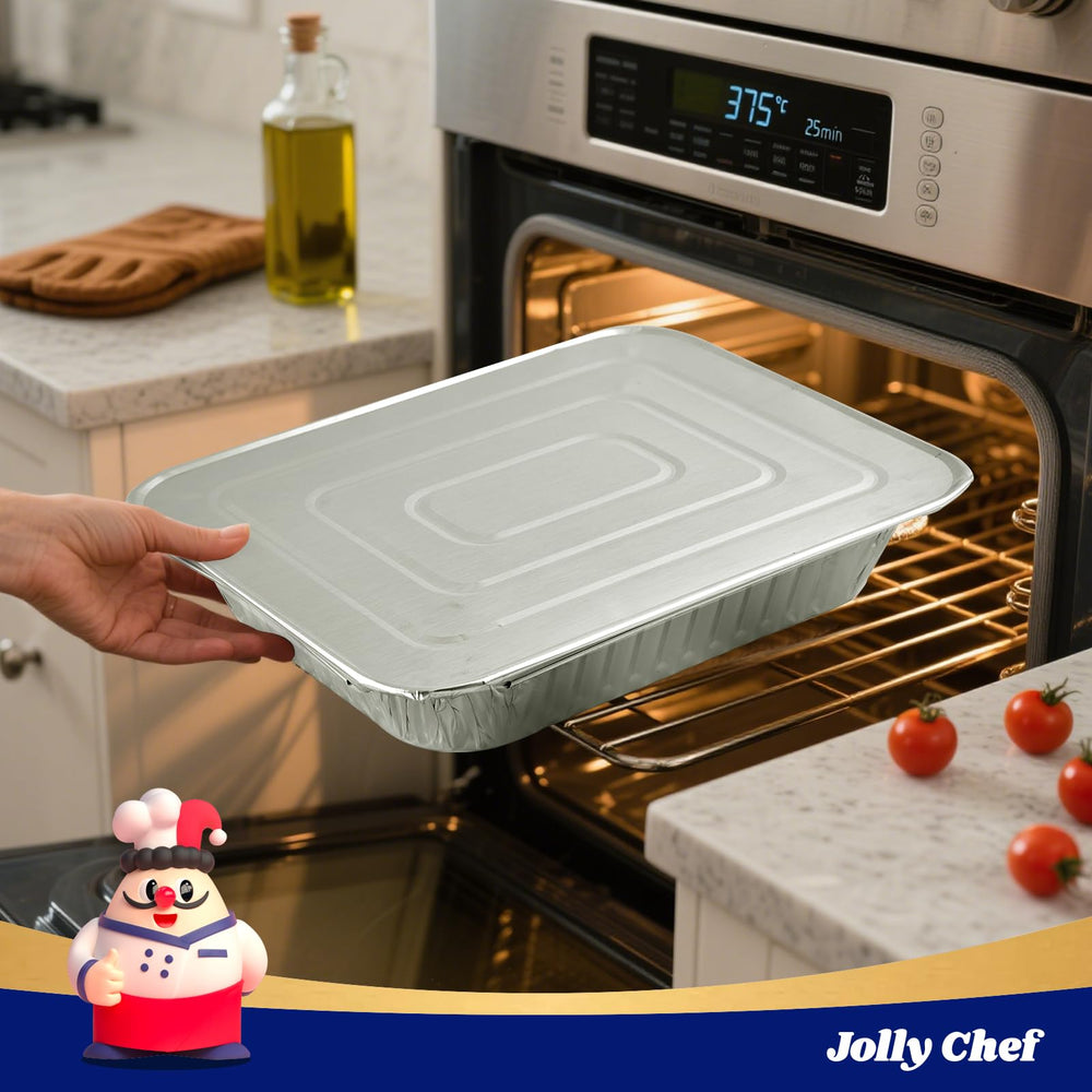 JOLLY CHEF pan held in hand for scale, shows generous 9x13 capacity