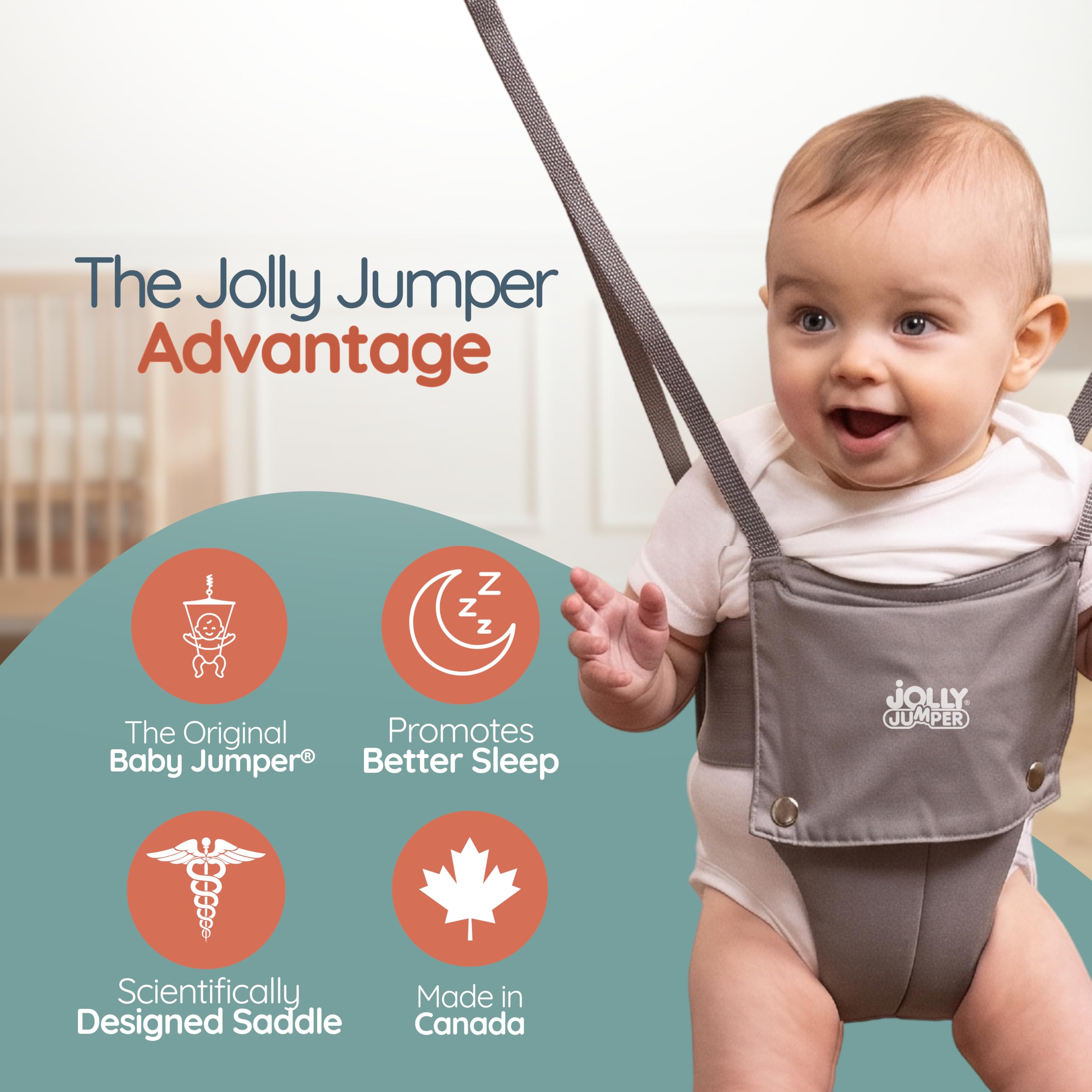 Jolly Jumper clamp detail on door frame showing secure attachment benefit
