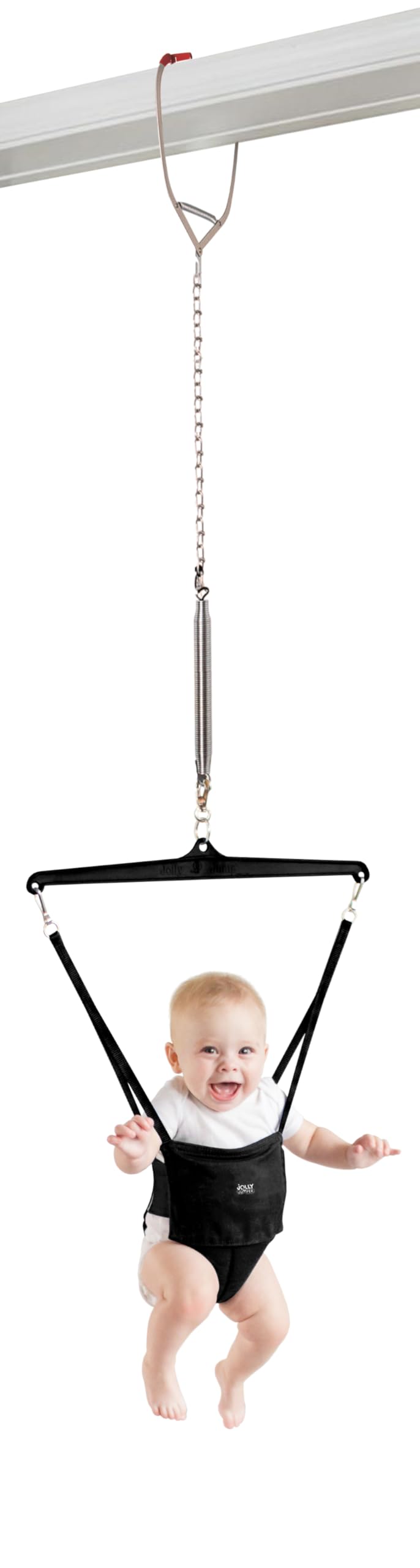 Jolly Jumper front view showing compact black doorway jumper and clamp benefit
