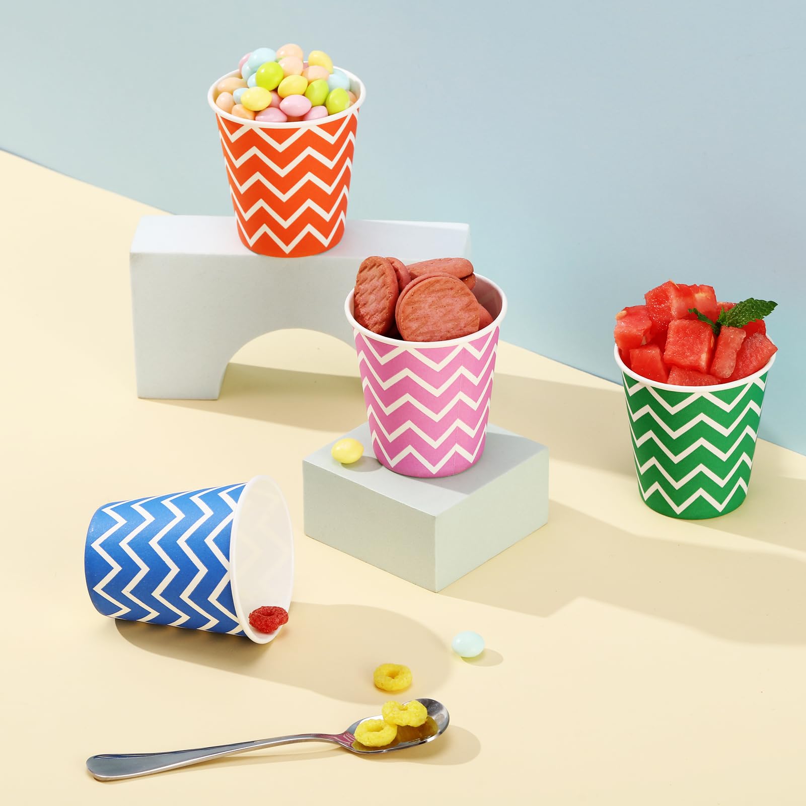 JOLLY PARTY cups arranged on party table offering quick cleanup advantage