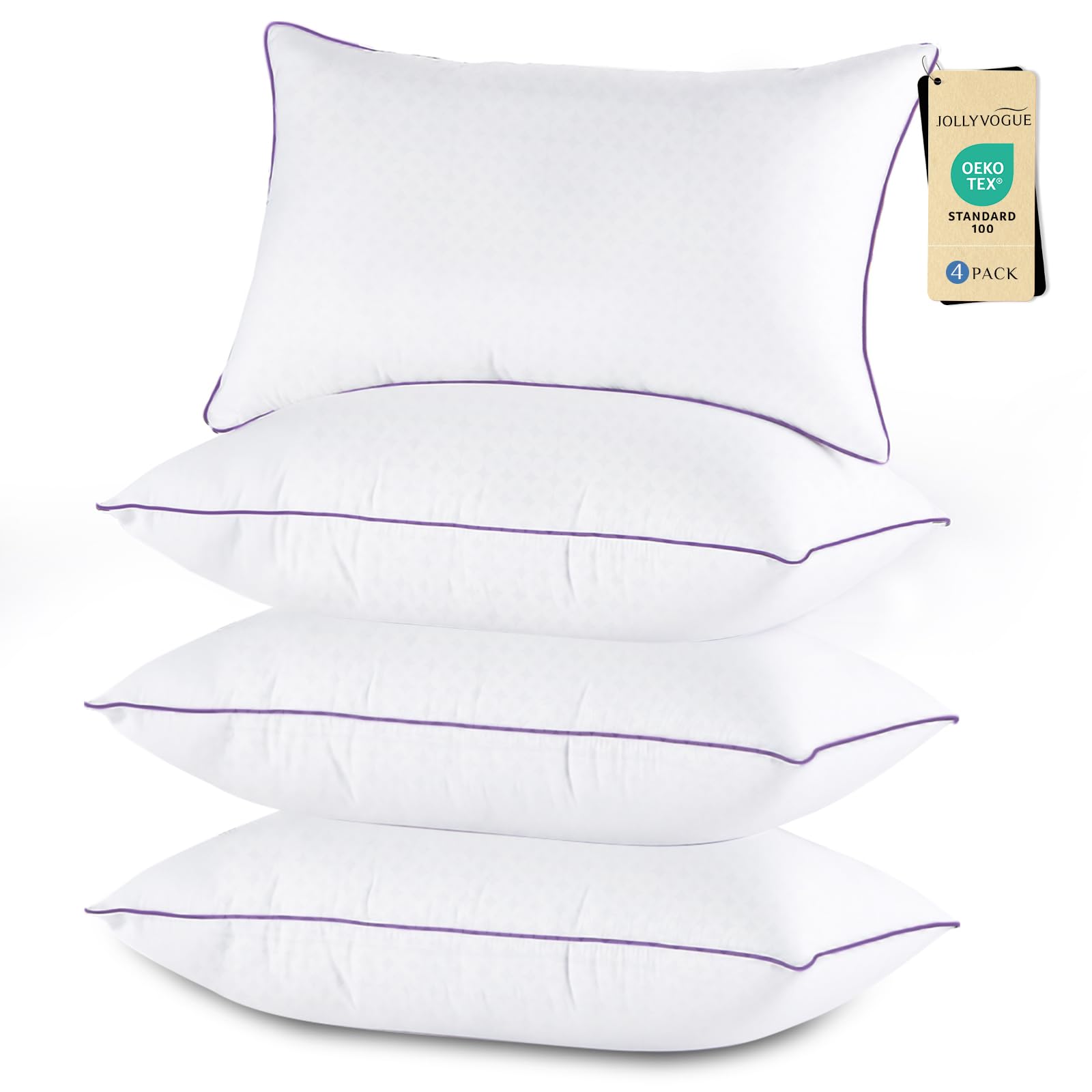 JOLLYVOGUE front packaging showing four king pillows, promotes consistent luxury