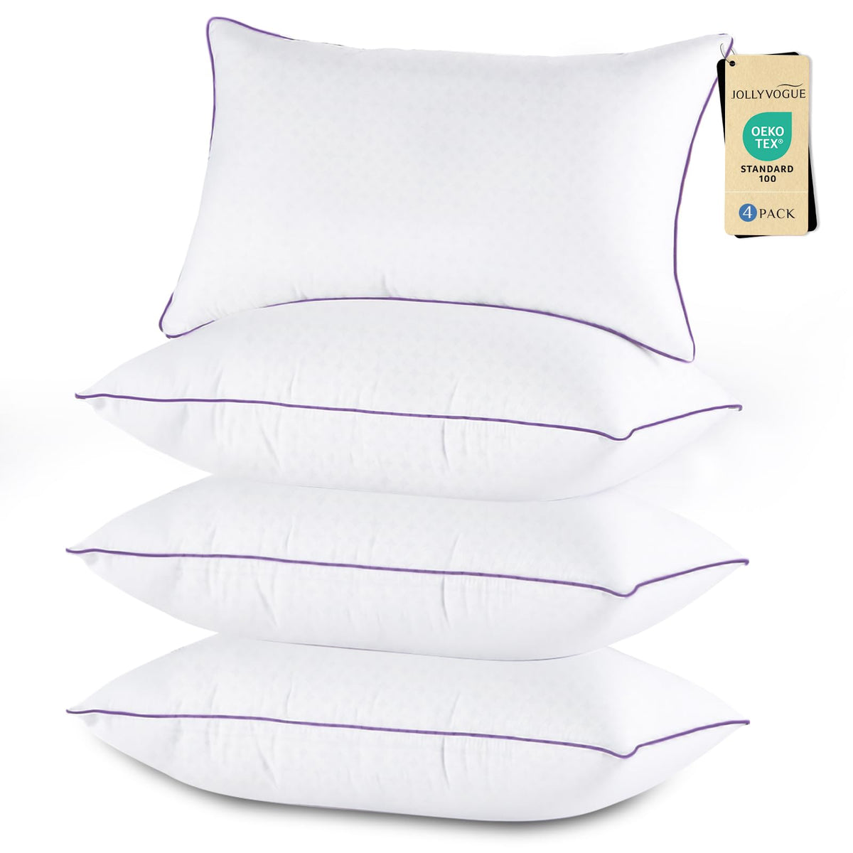 JOLLYVOGUE front packaging showing four king pillows, promotes consistent luxury