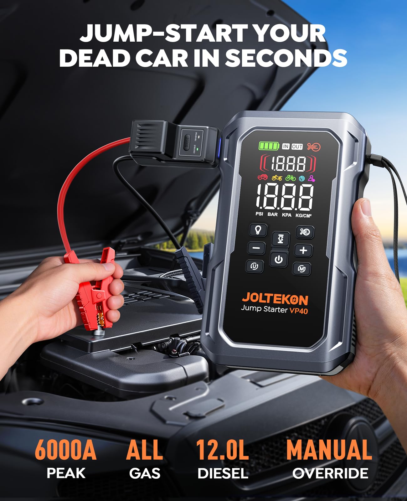 Joltekon inflator close-up showing 160PSI display and preset buttons for accurate inflation
