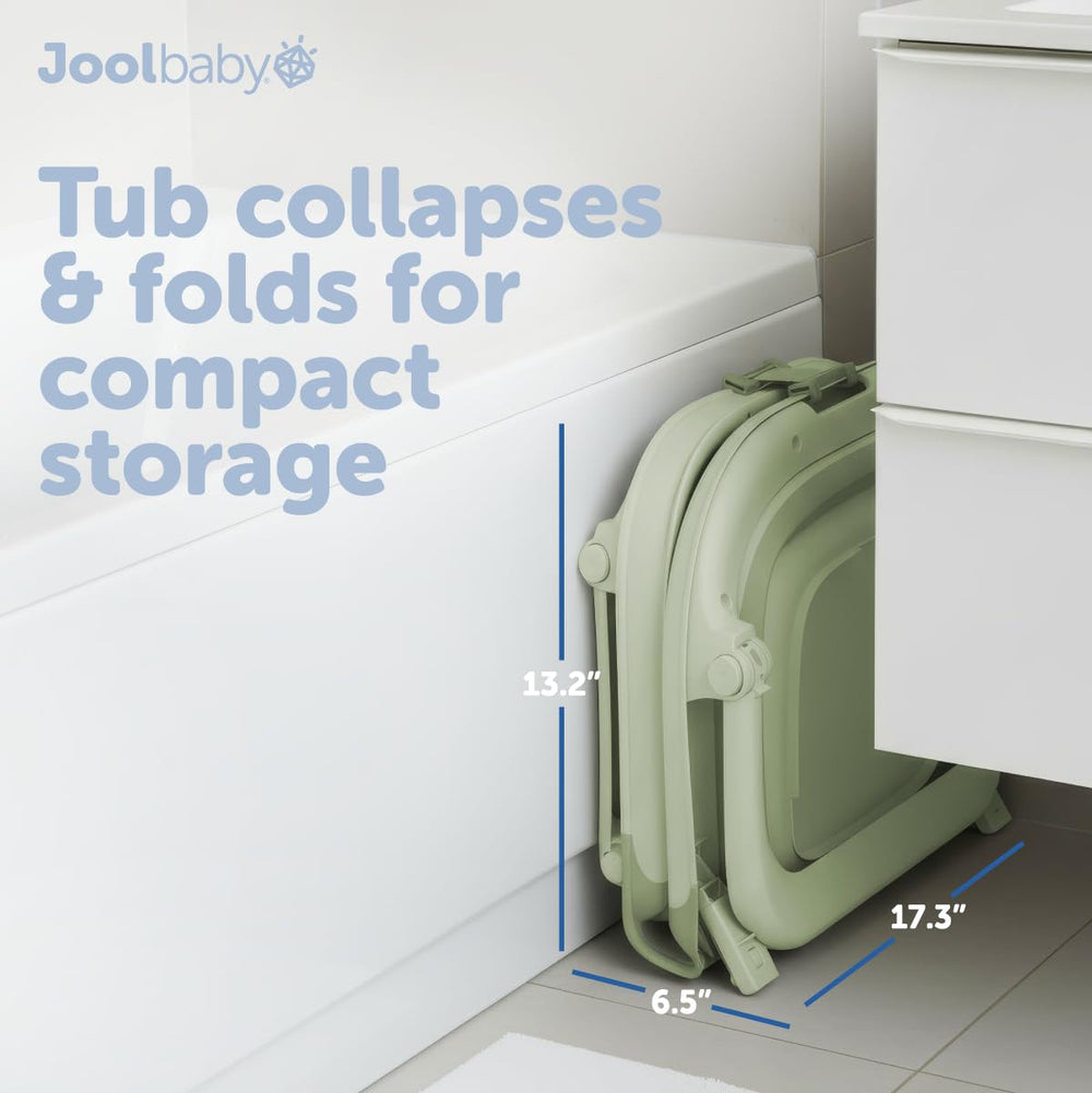 Jool Baby bathtub in use with newborn in sling providing secure head support and hands-free bathing