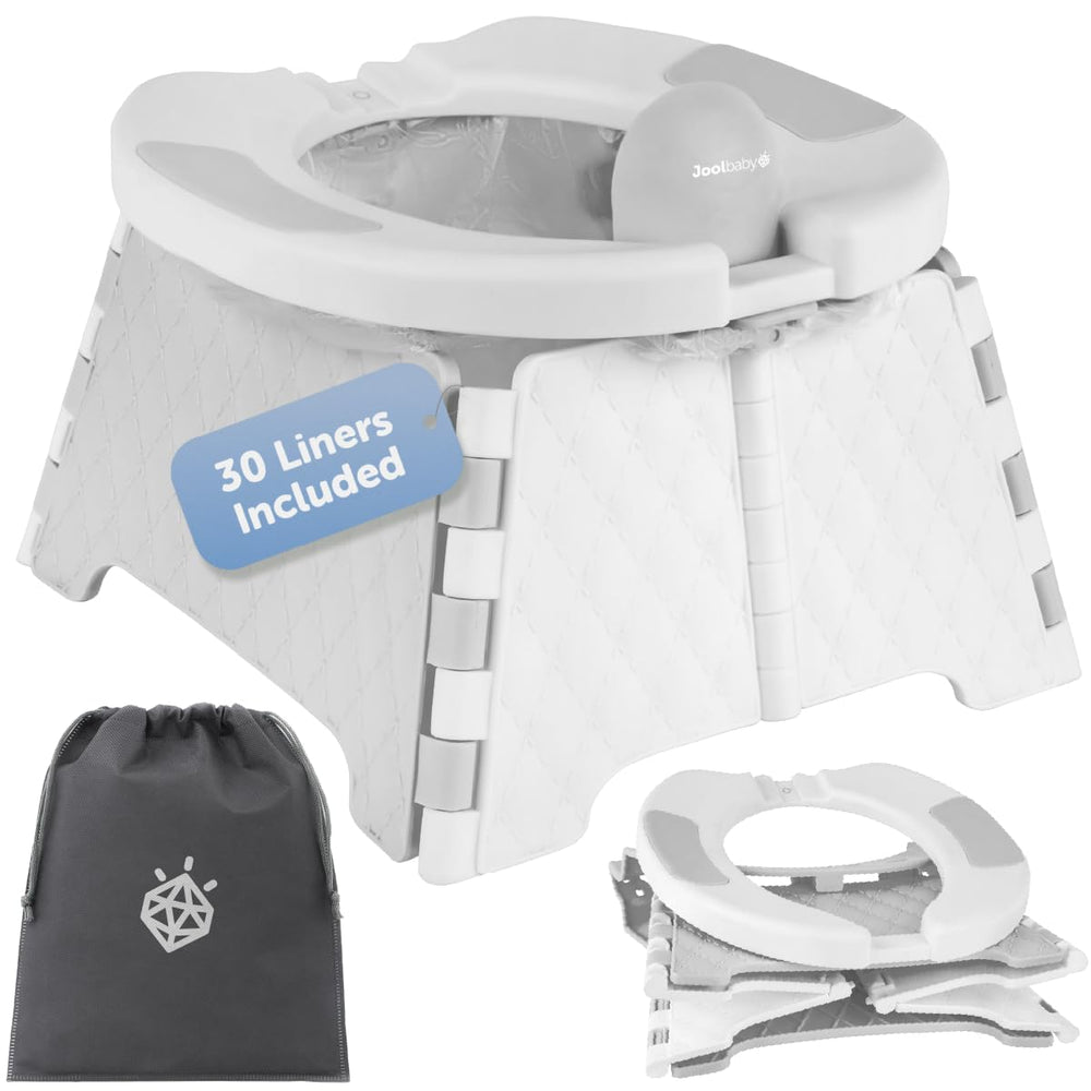 Jool Baby front view of folded gray potty for compact storage benefit