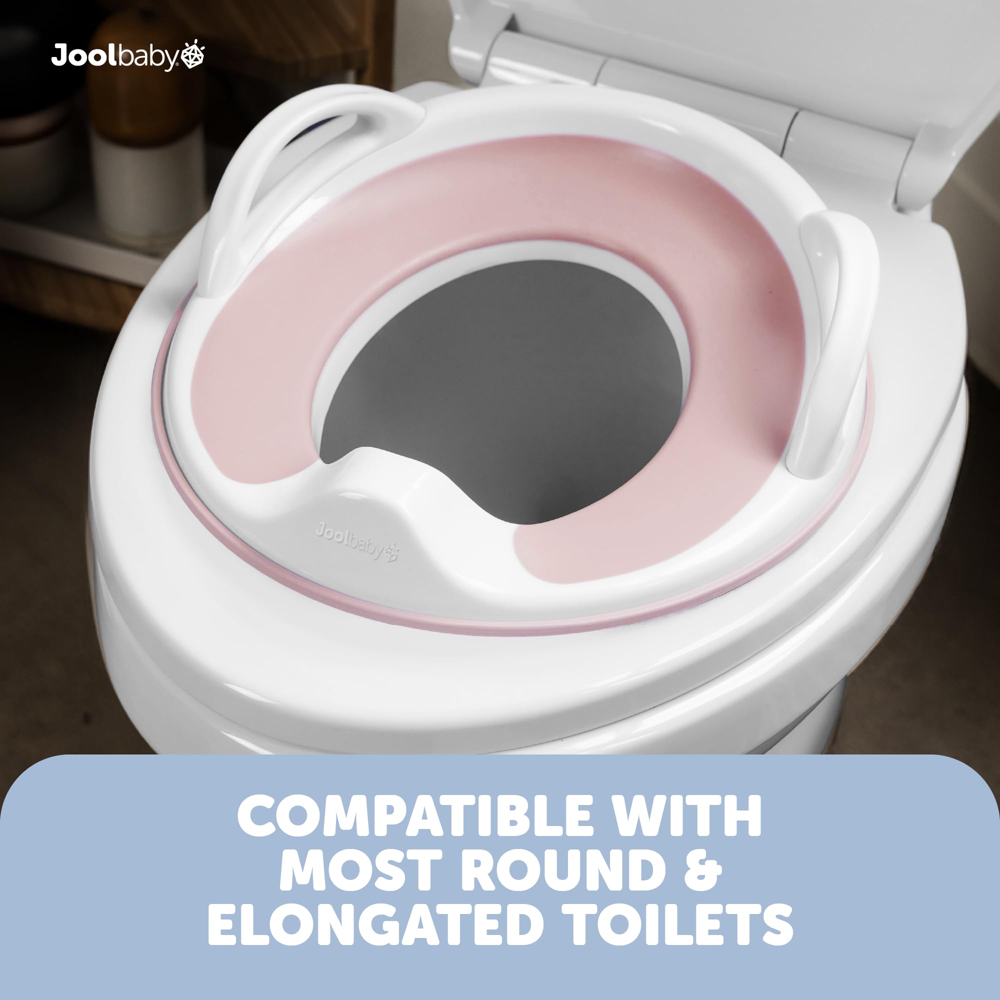 Jool Baby seat in use on a toilet with child feeling stable and safe