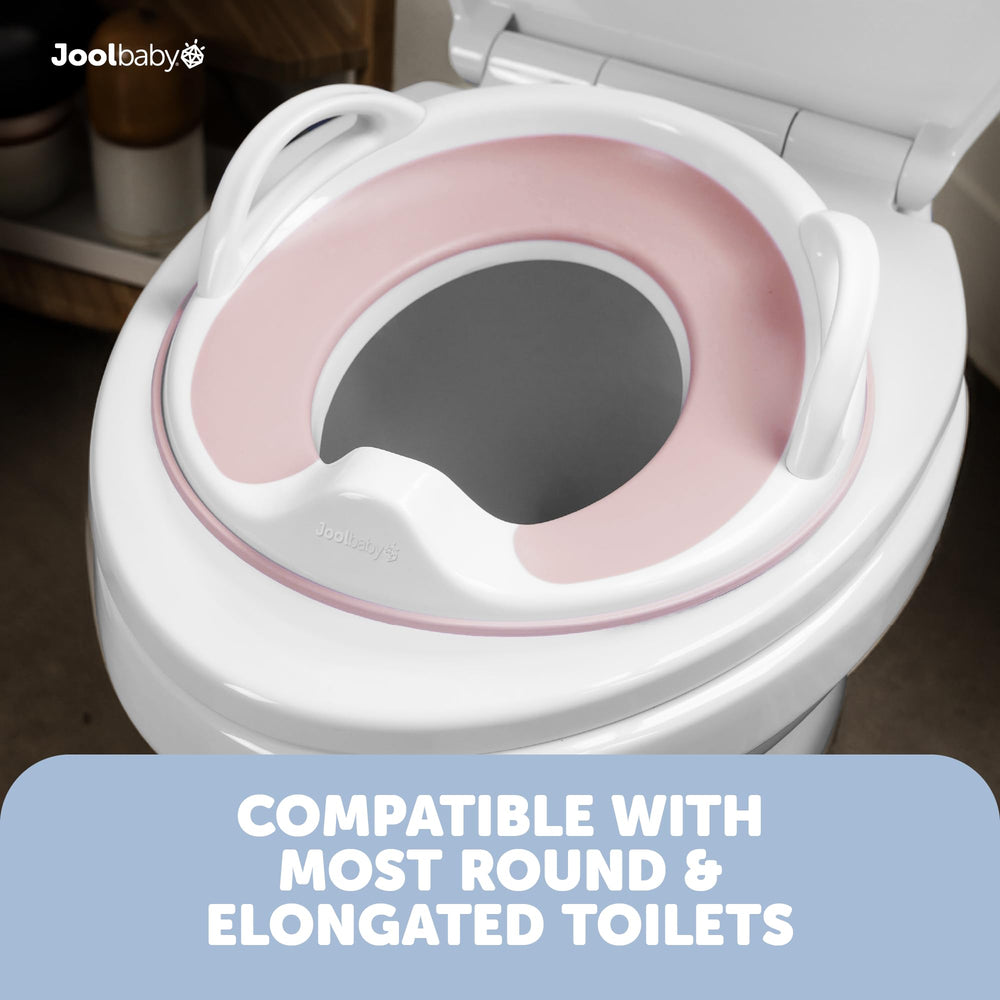 Jool Baby seat in use on a toilet with child feeling stable and safe